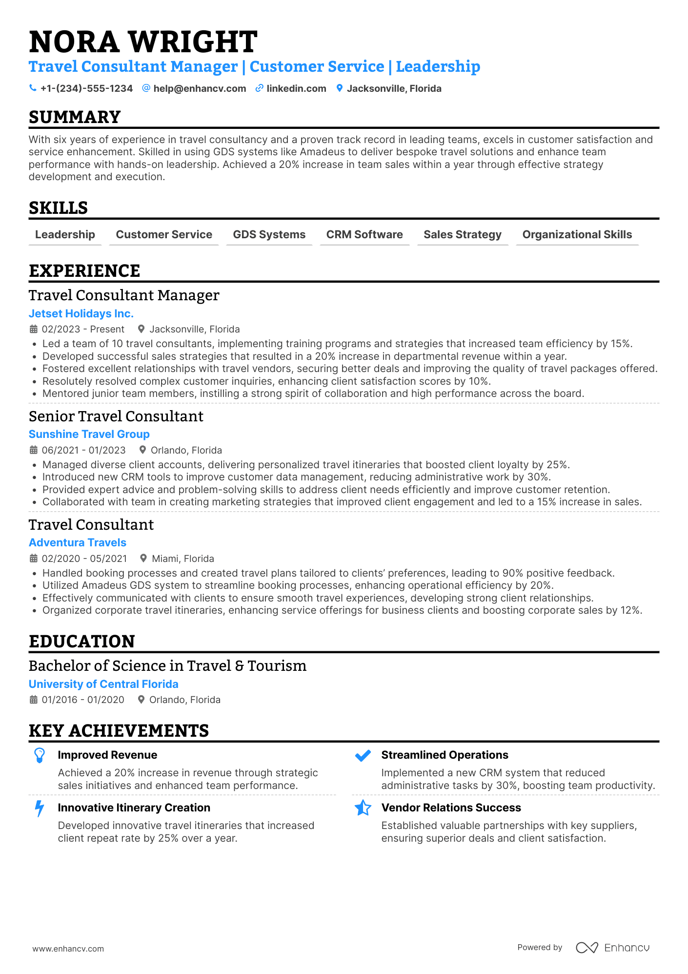 Travel Consultant Manager Resume Example