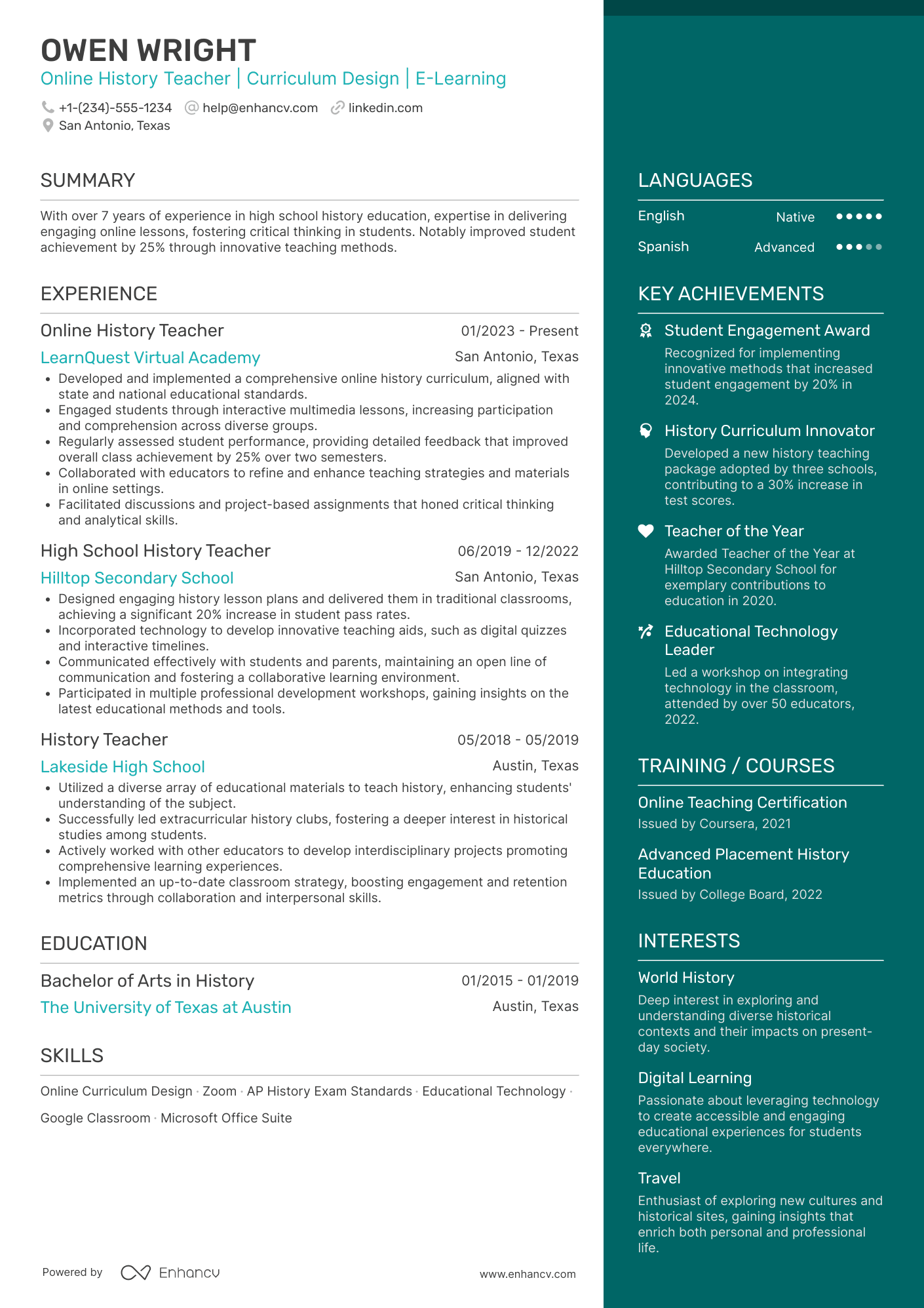 Online History Teacher Resume Example