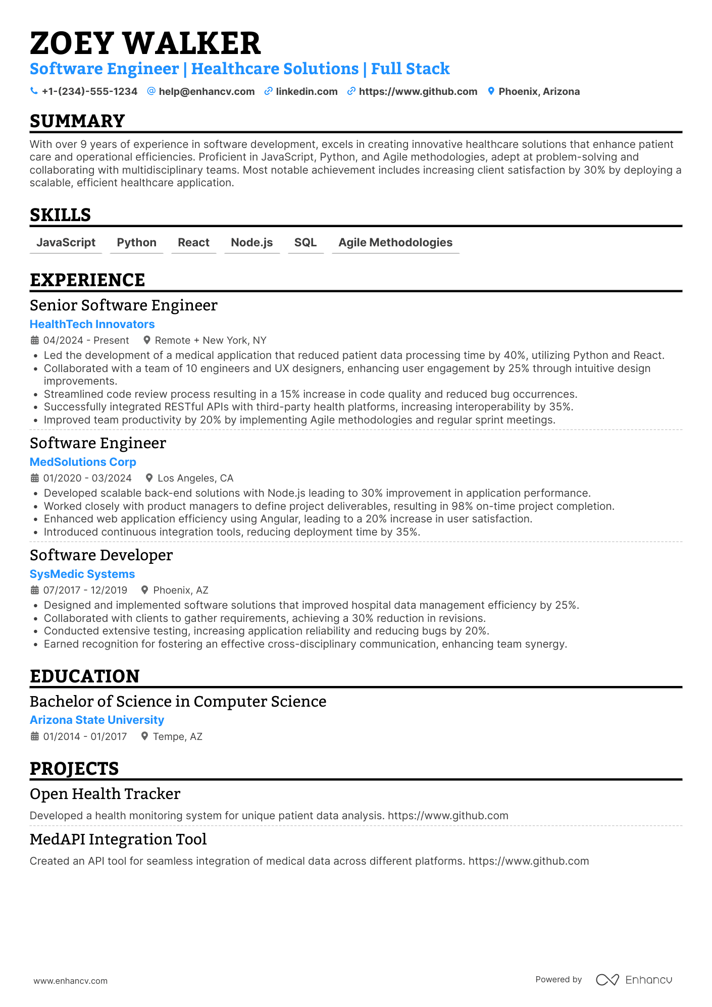 Freelance Software Engineer Resume Example