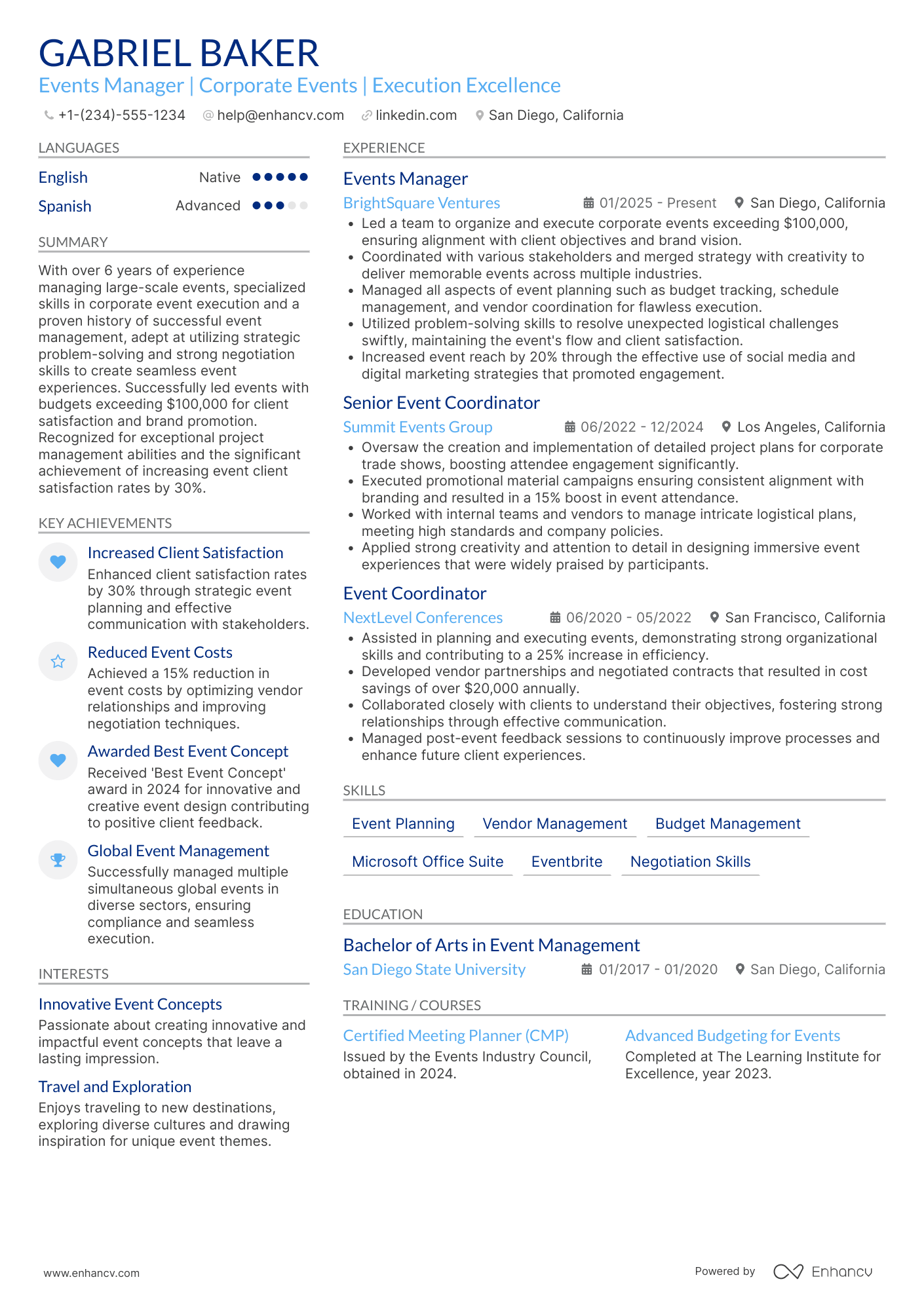 Events Manager Resume Example