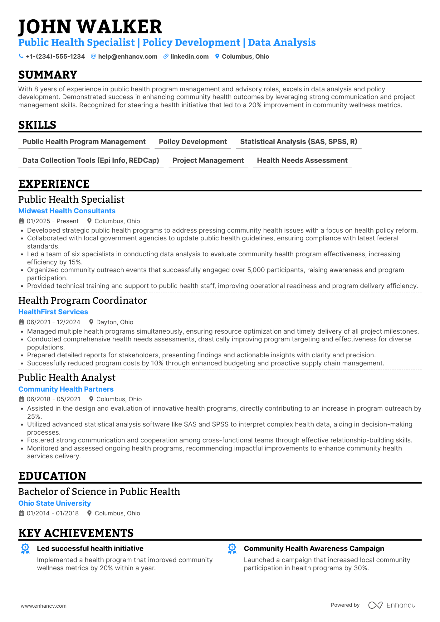 Public Health Advisor Resume Example