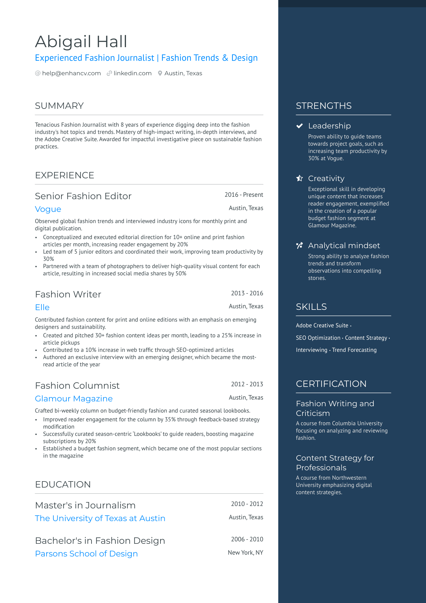 Fashion Journalist Resume Example