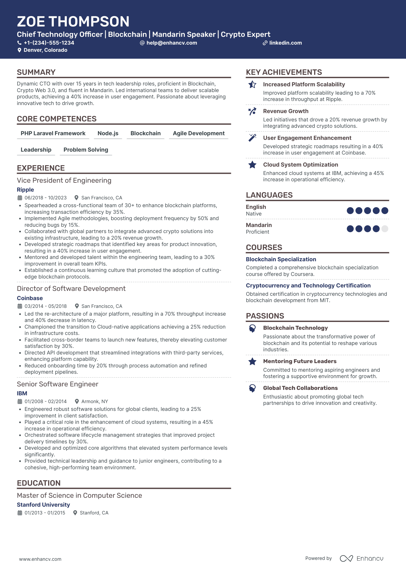 Chief Technology Officer in Cryptocurrency and Blockchain Resume Example