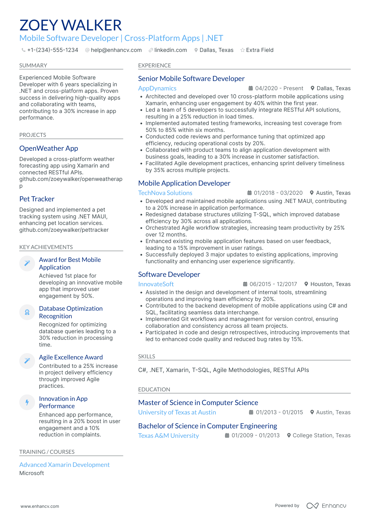 .Net Mobile App Developer Resume Example