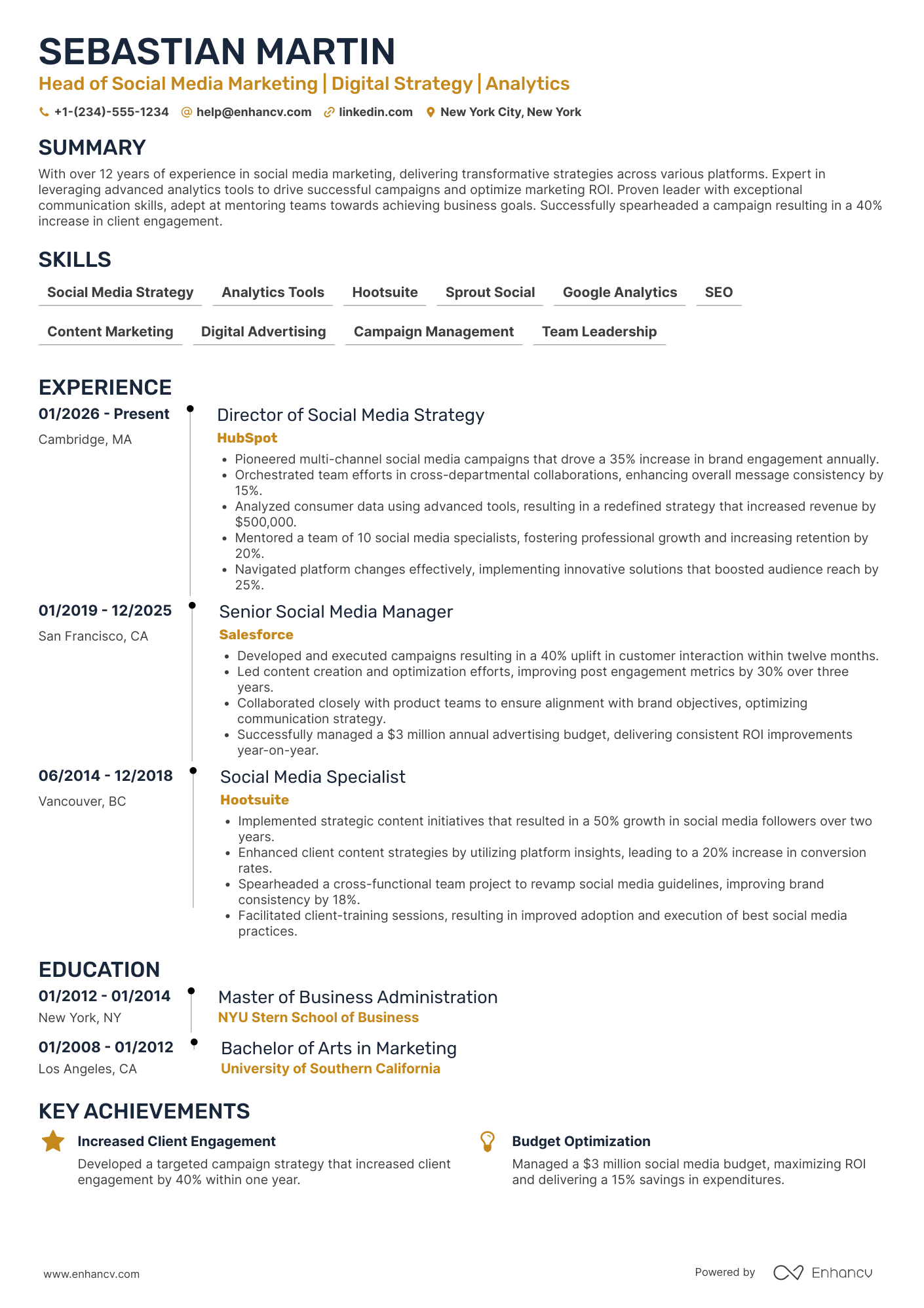 Head of Social Media Marketing Resume Example
