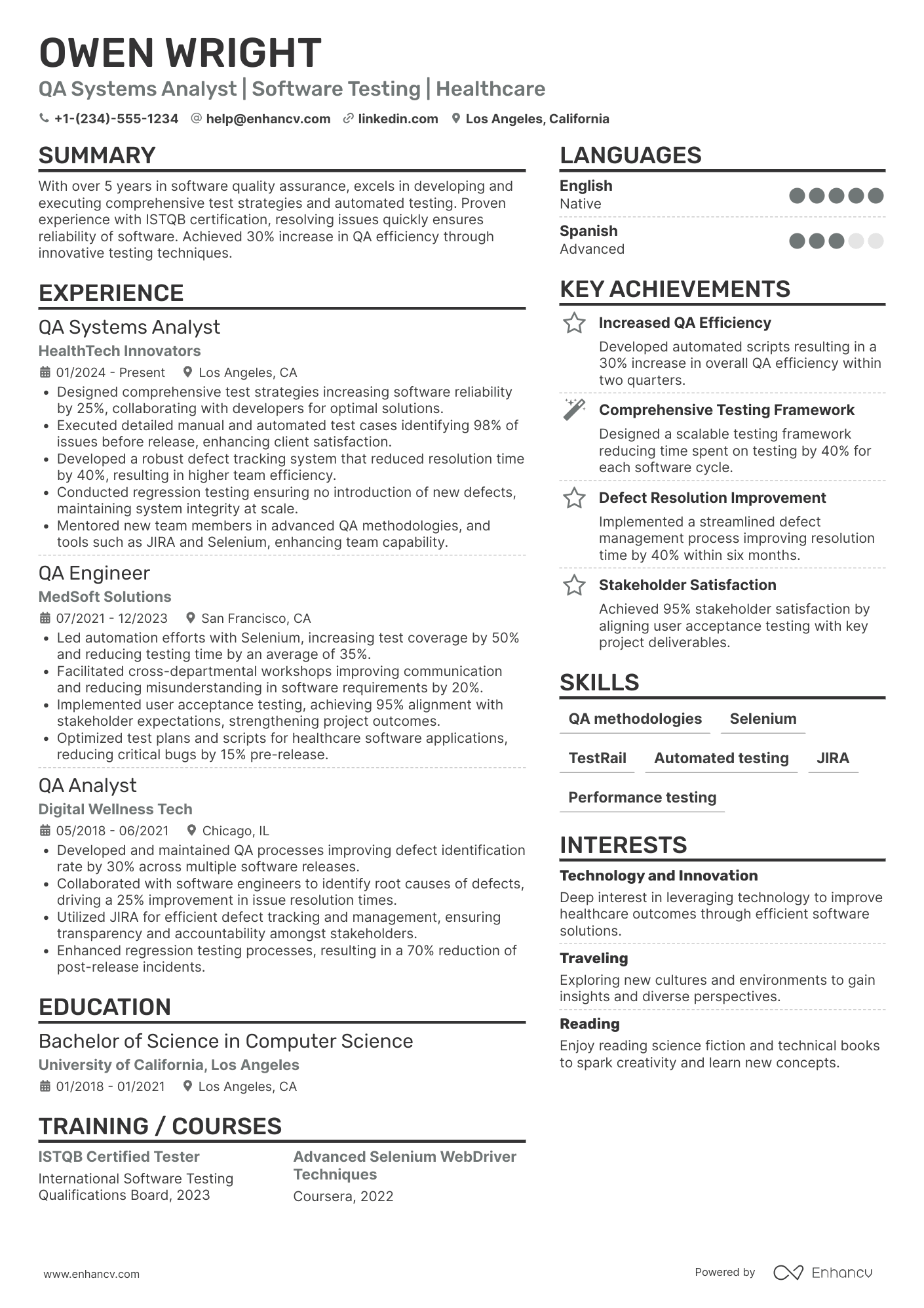 QA Systems Analyst Resume Example
