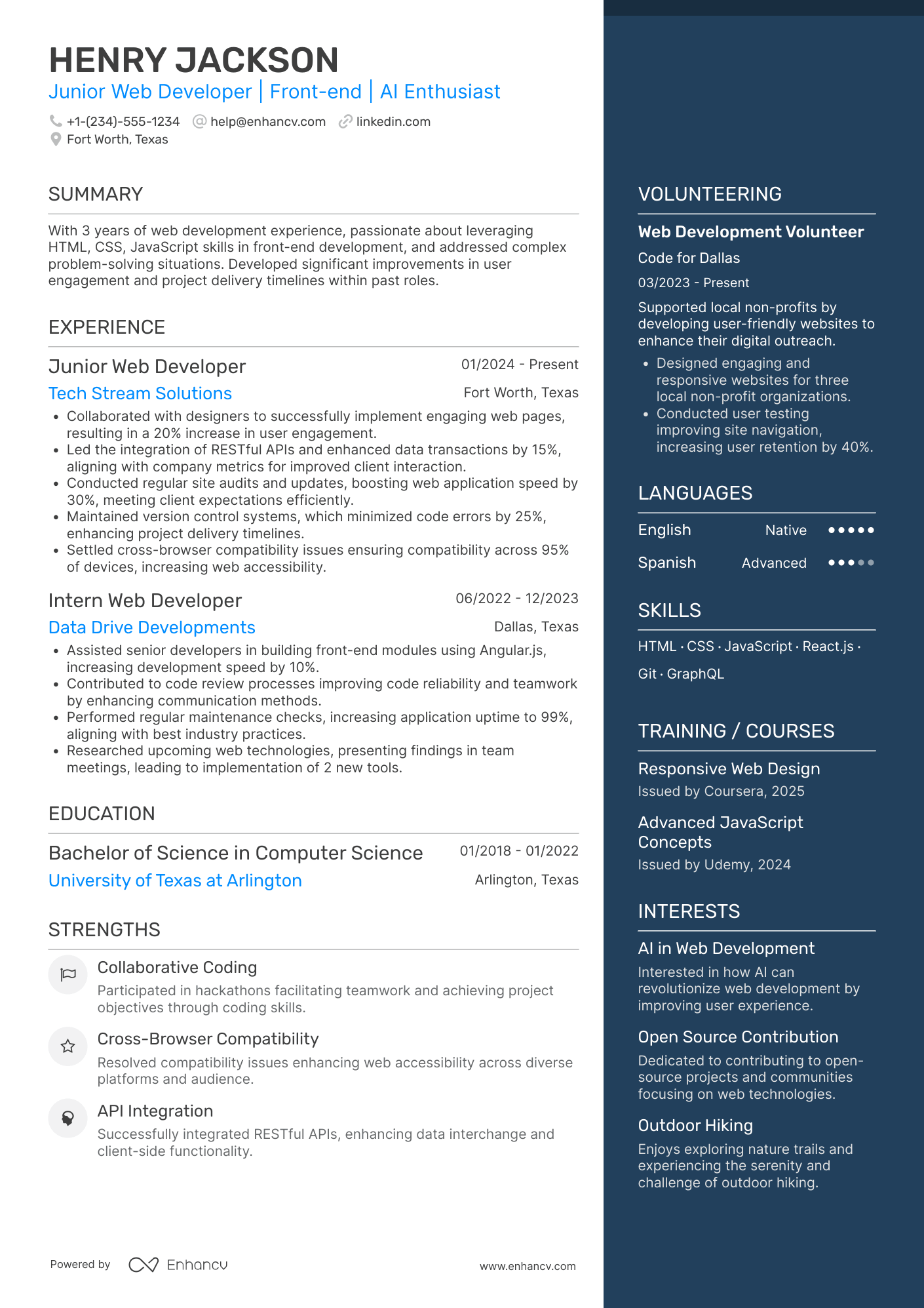 Silicon Valley Junior Web Developer Resume Example