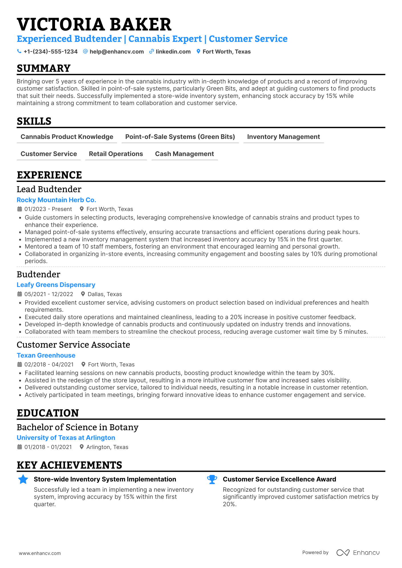 Full Time Budtender Resume Example