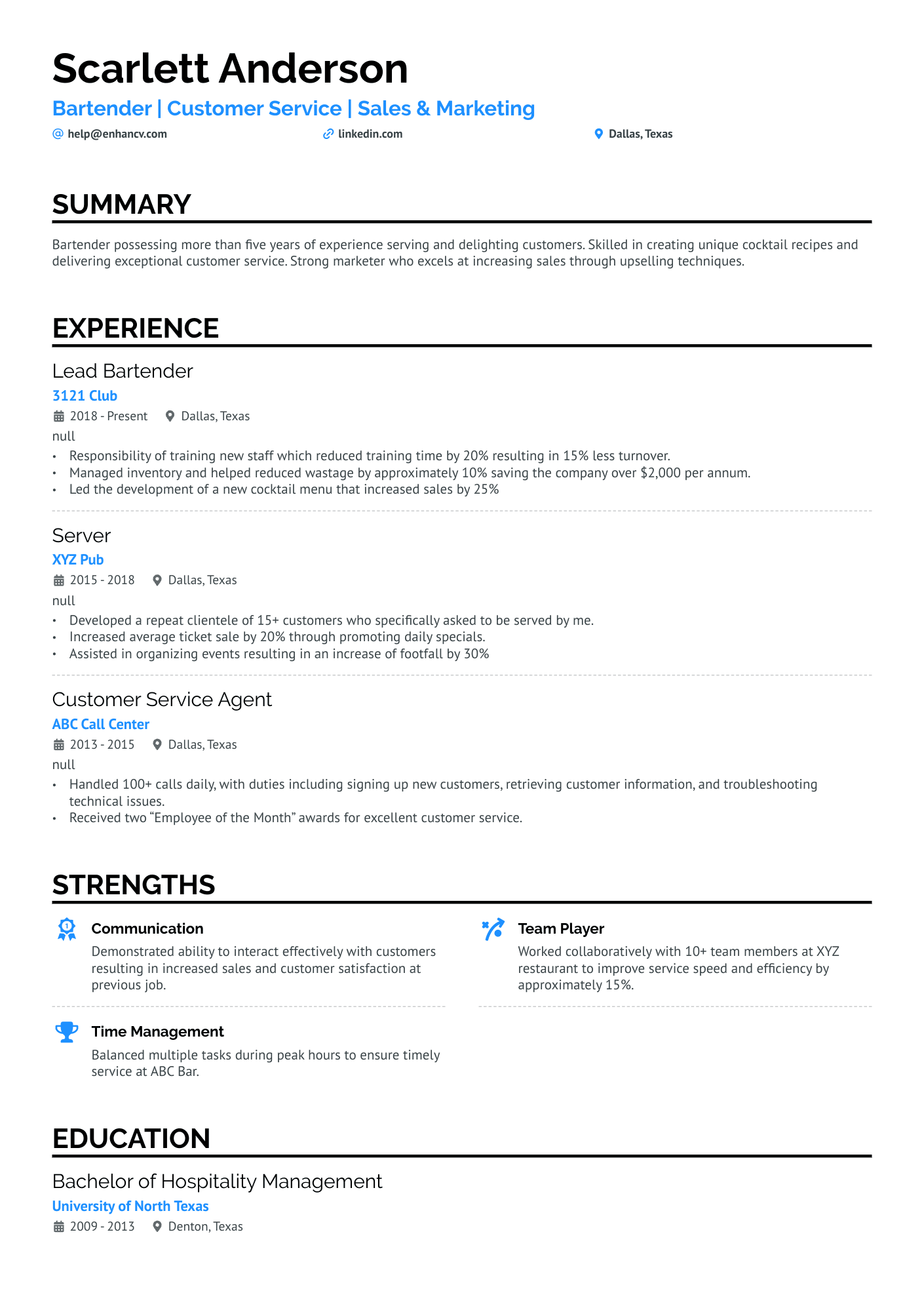 Bartender Waitress Resume Example