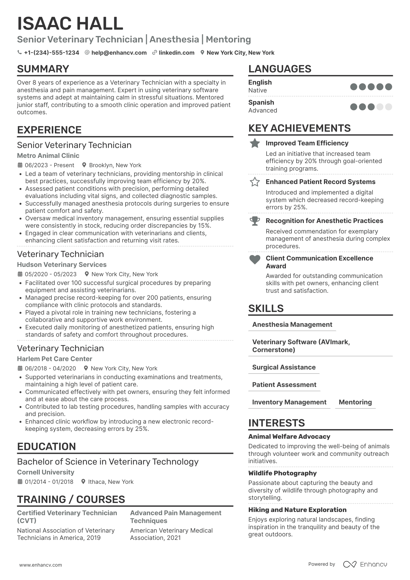 Senior Veterinary Technician Resume Example