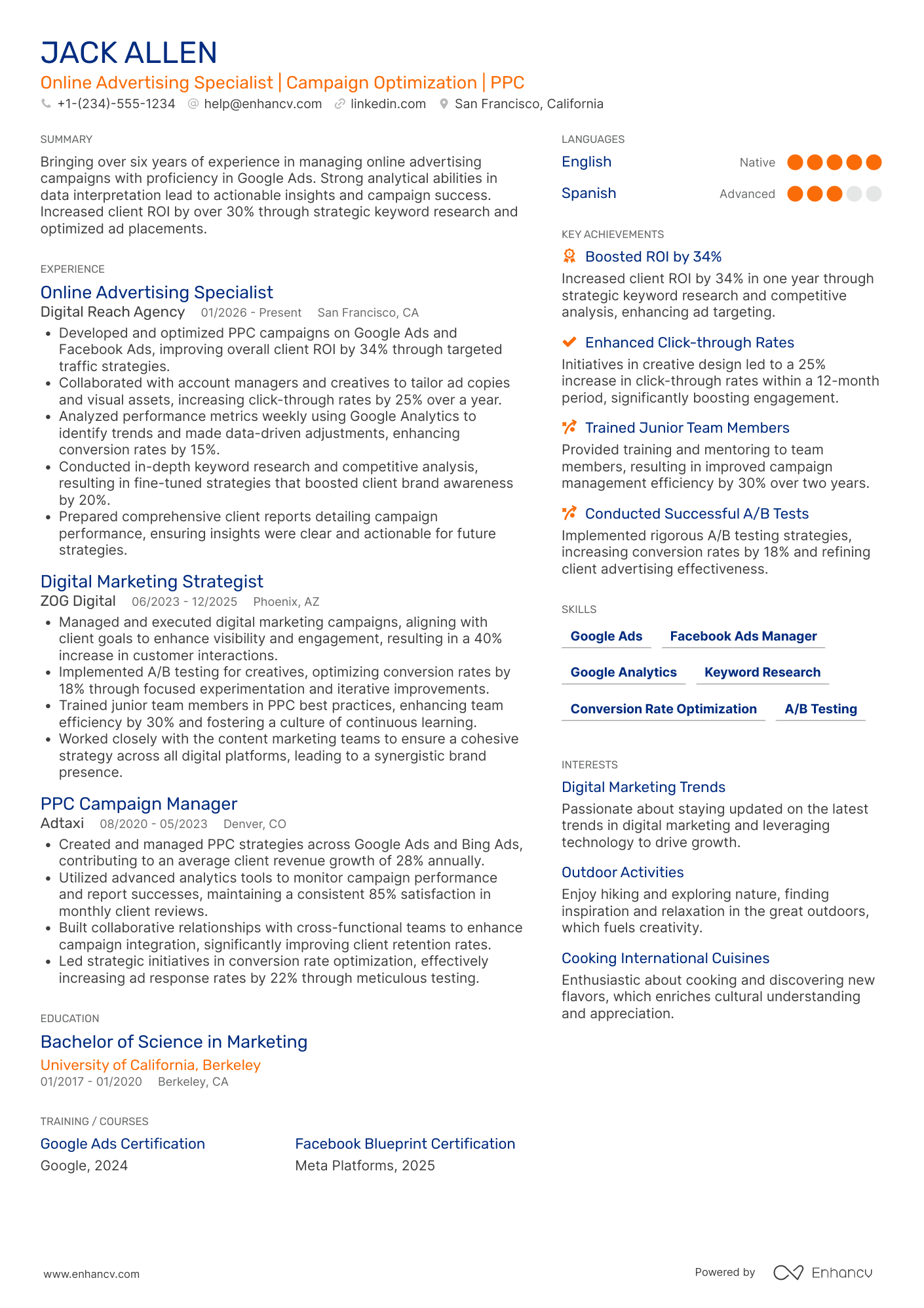 Online Advertising Resume Example