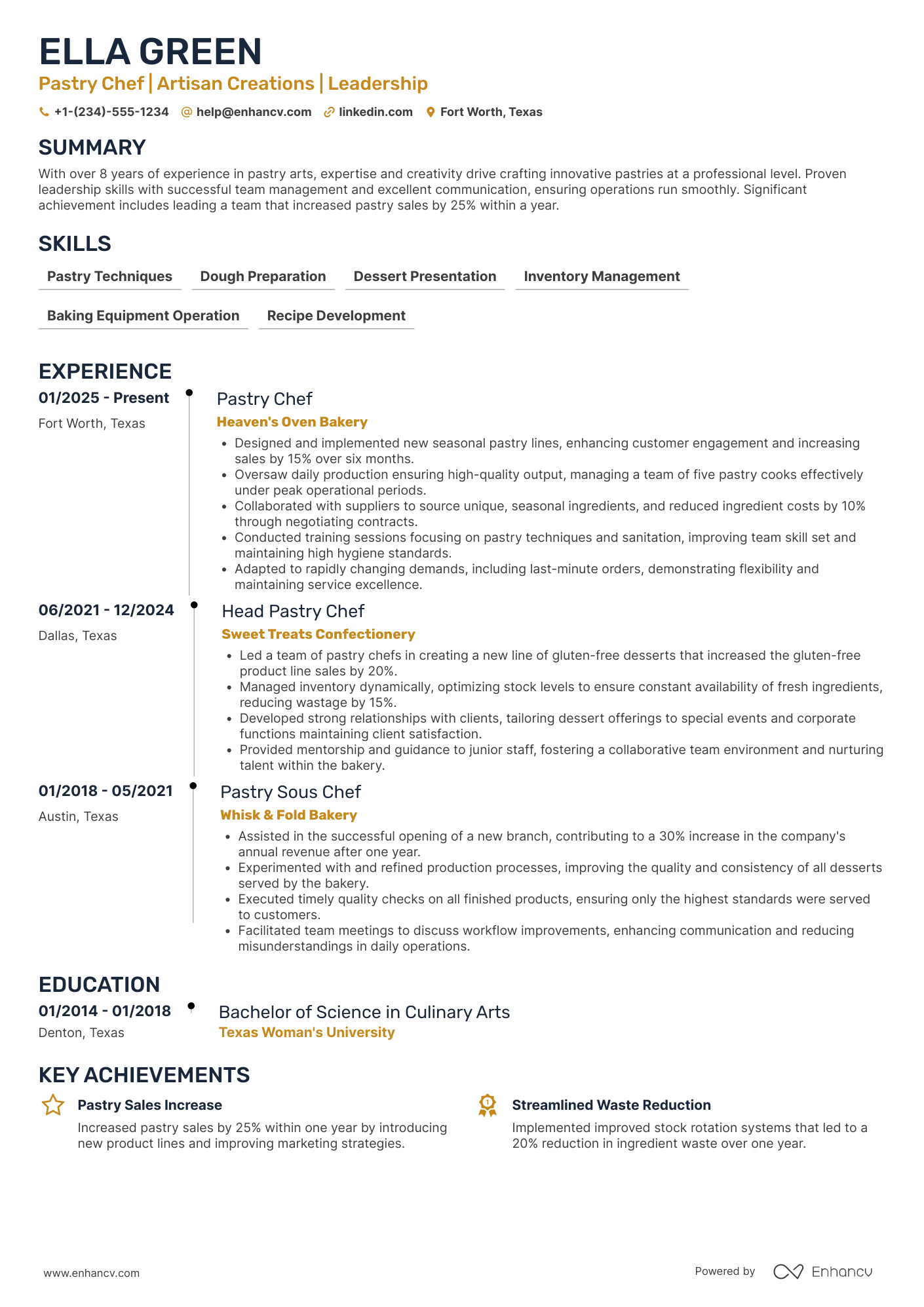 Pastry Chef Resume Example