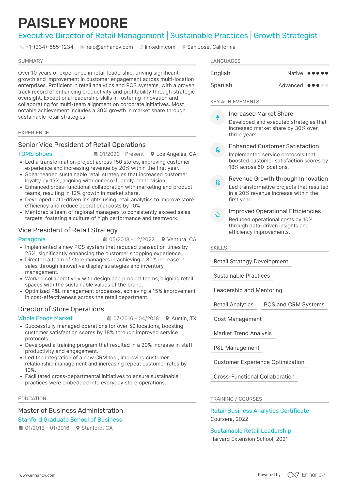 Executive Director of Retail Management Resume Example