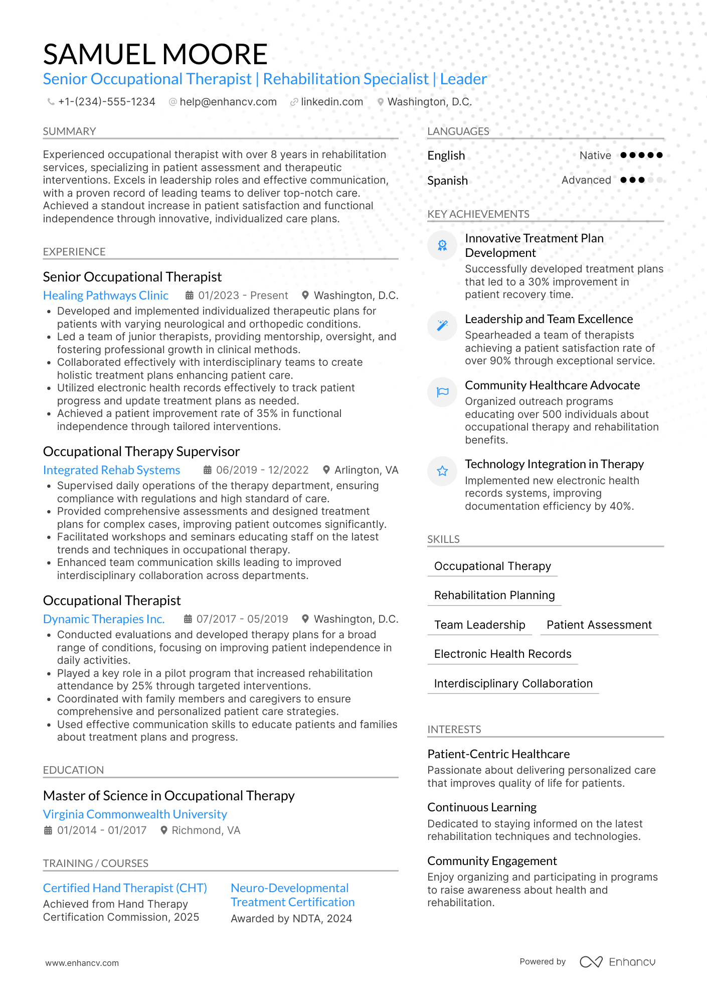 Senior Occupational Therapist Resume Example
