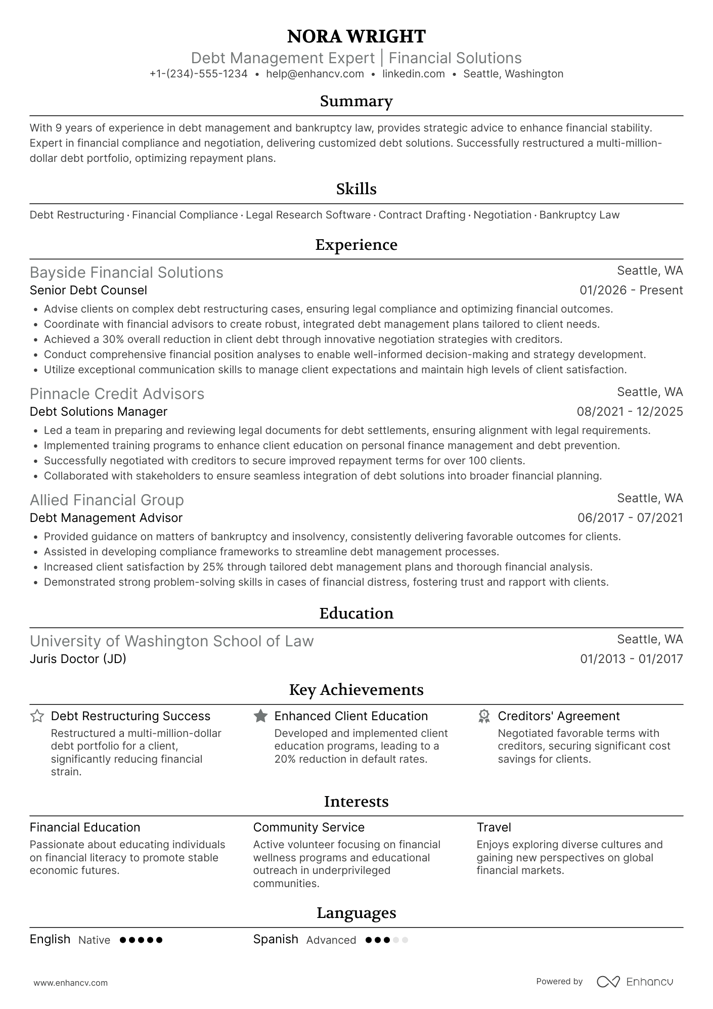 Debt Counsel Resume Example