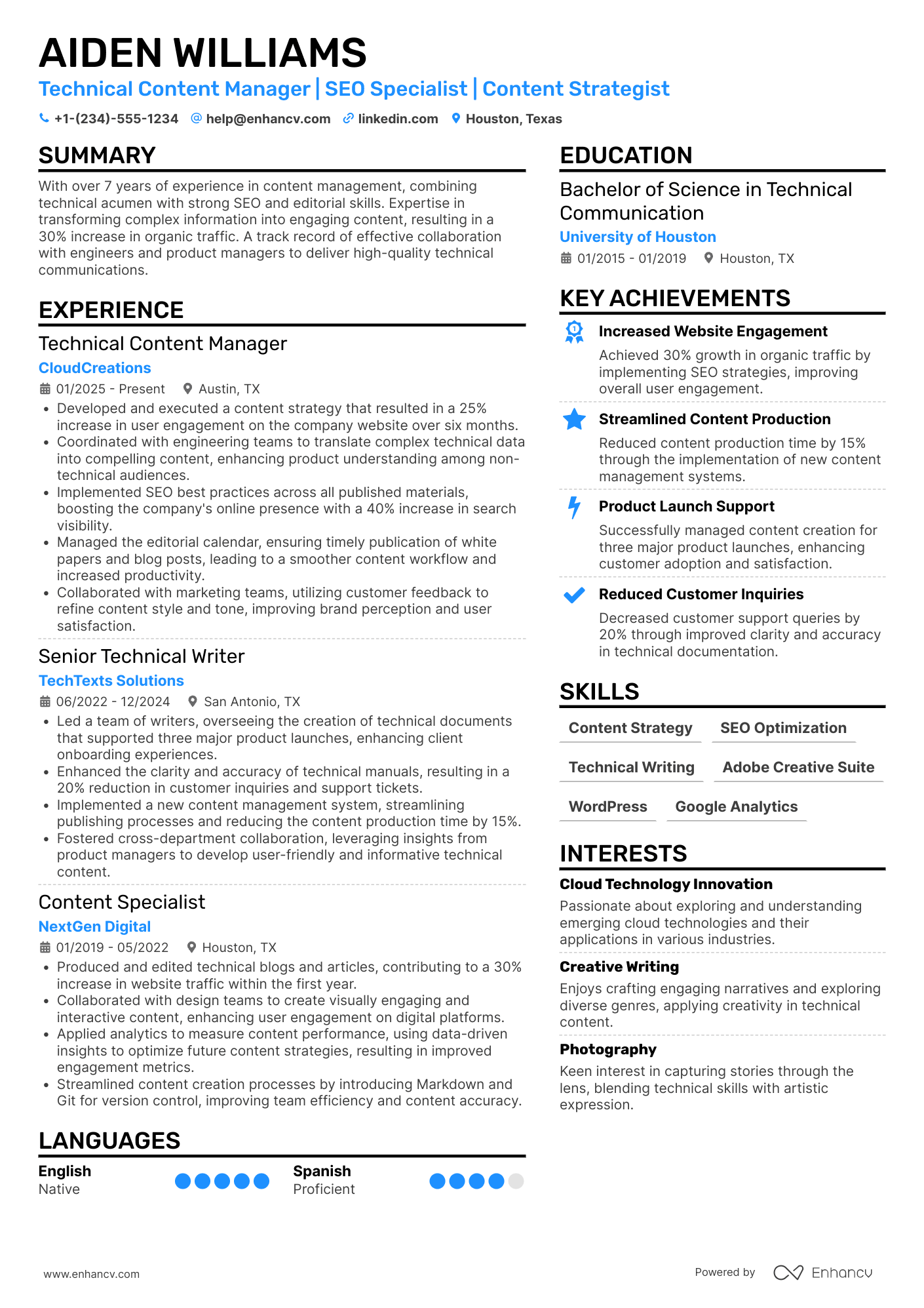 Technical Content Manager Resume Example
