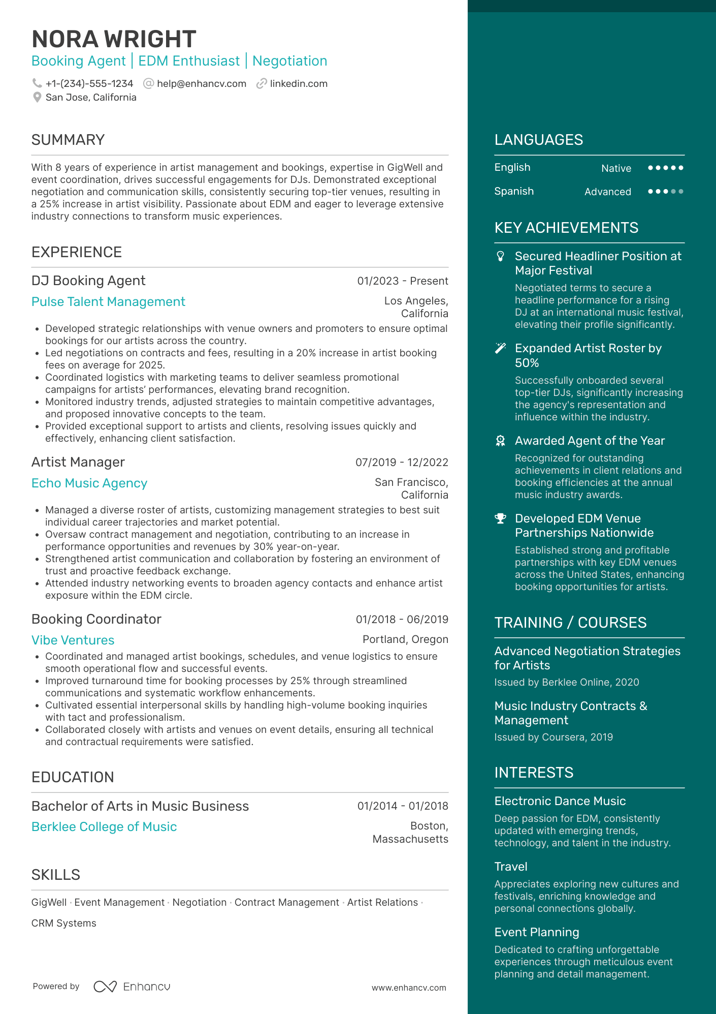 DJ Booking Agent Resume Example