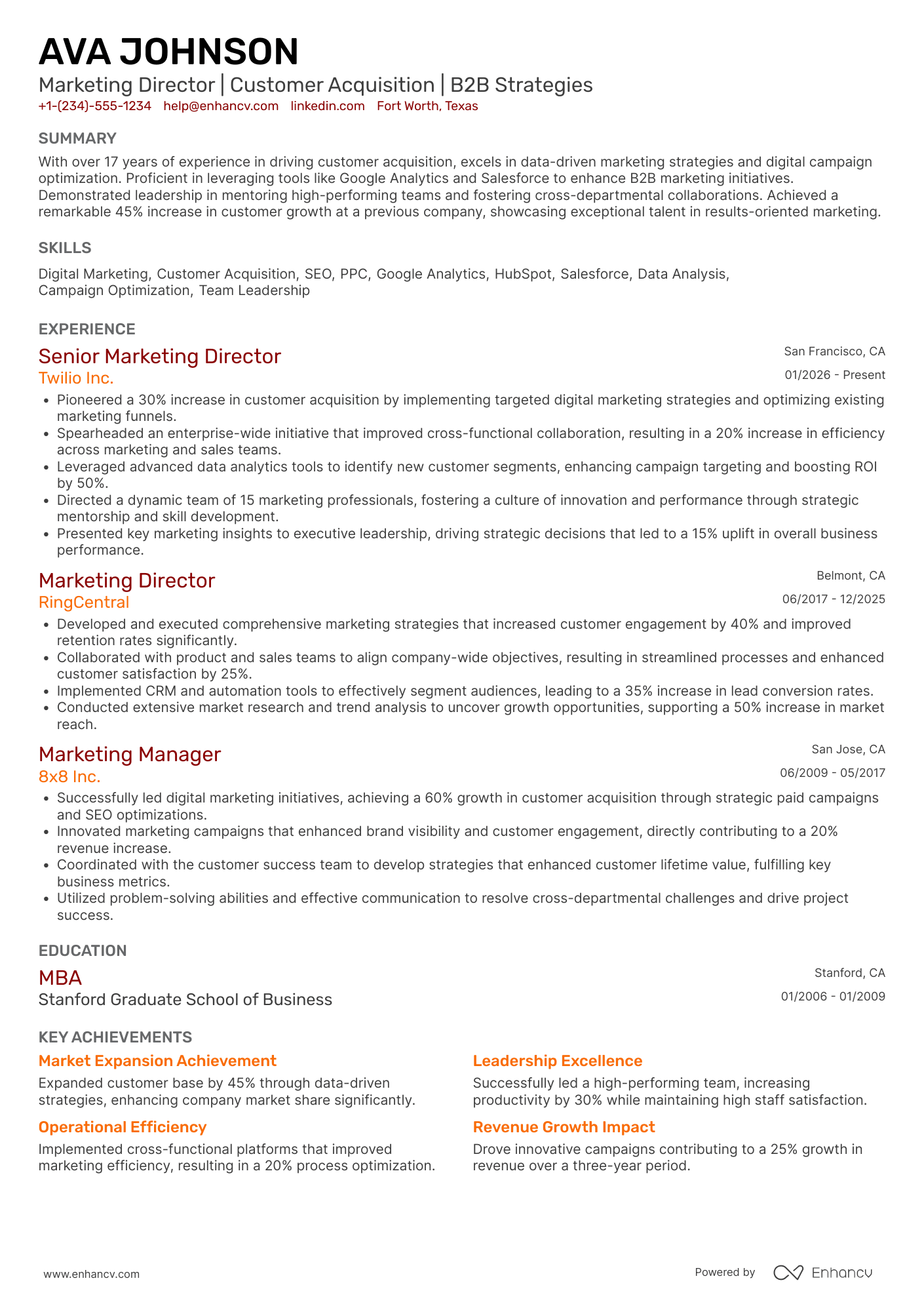 Marketing Director, Customer Acquisition Resume Example