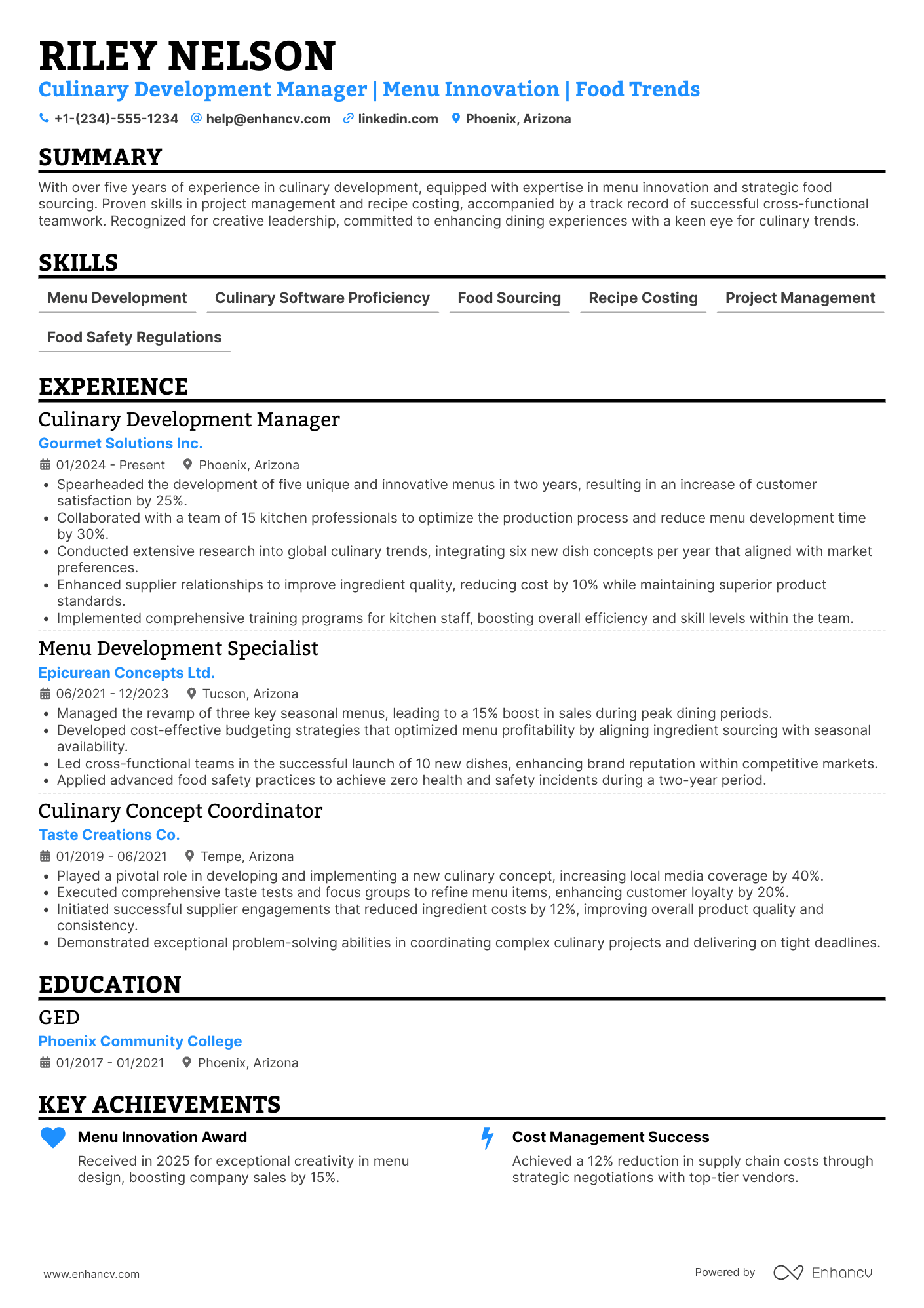 Culinary Development Manager Resume Example