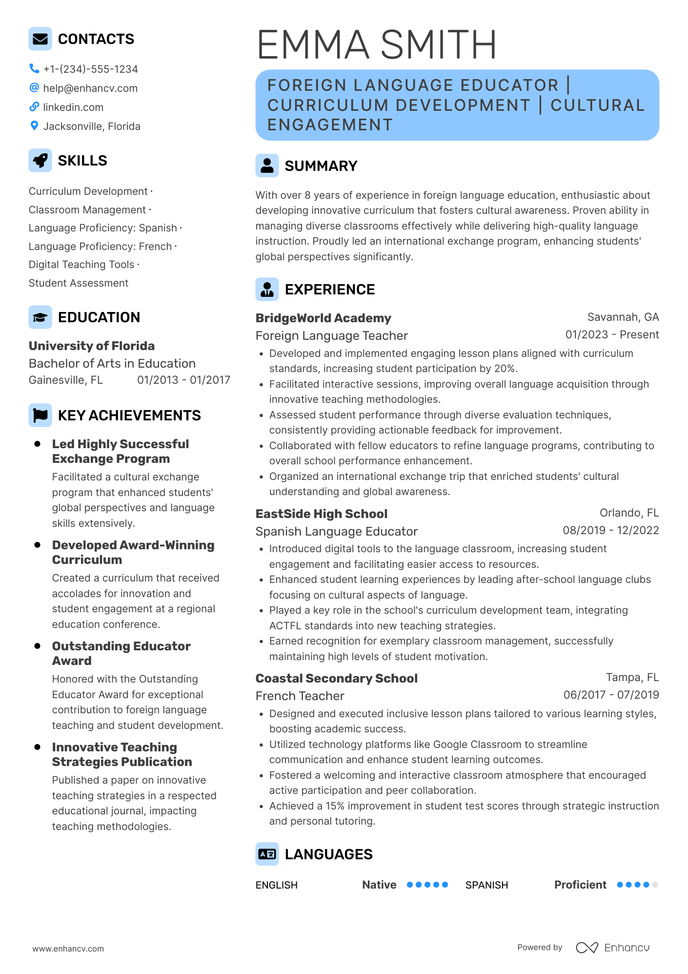 High School Foreign Language Teacher Resume Example