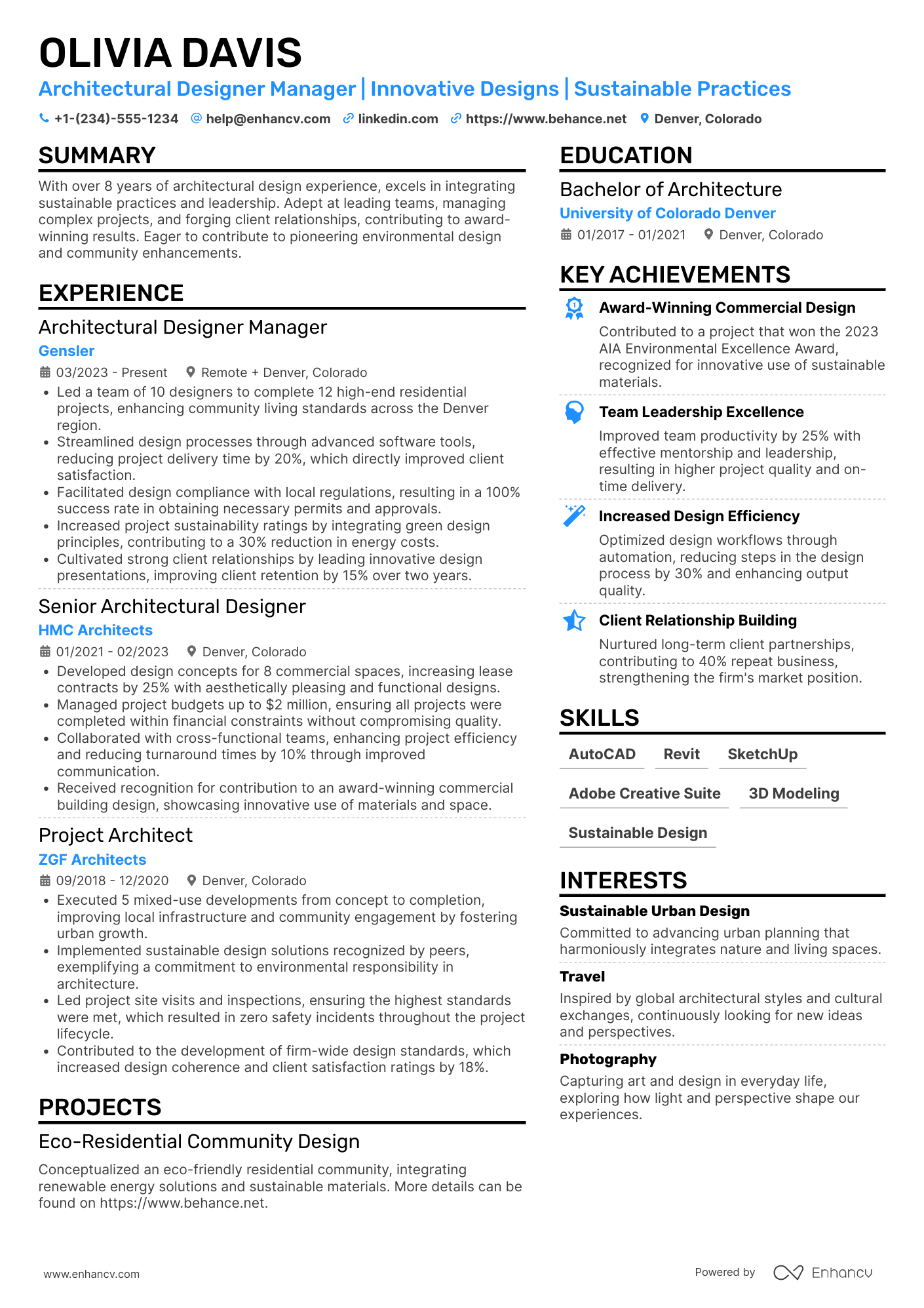 Architectural Designer Manager Resume Example