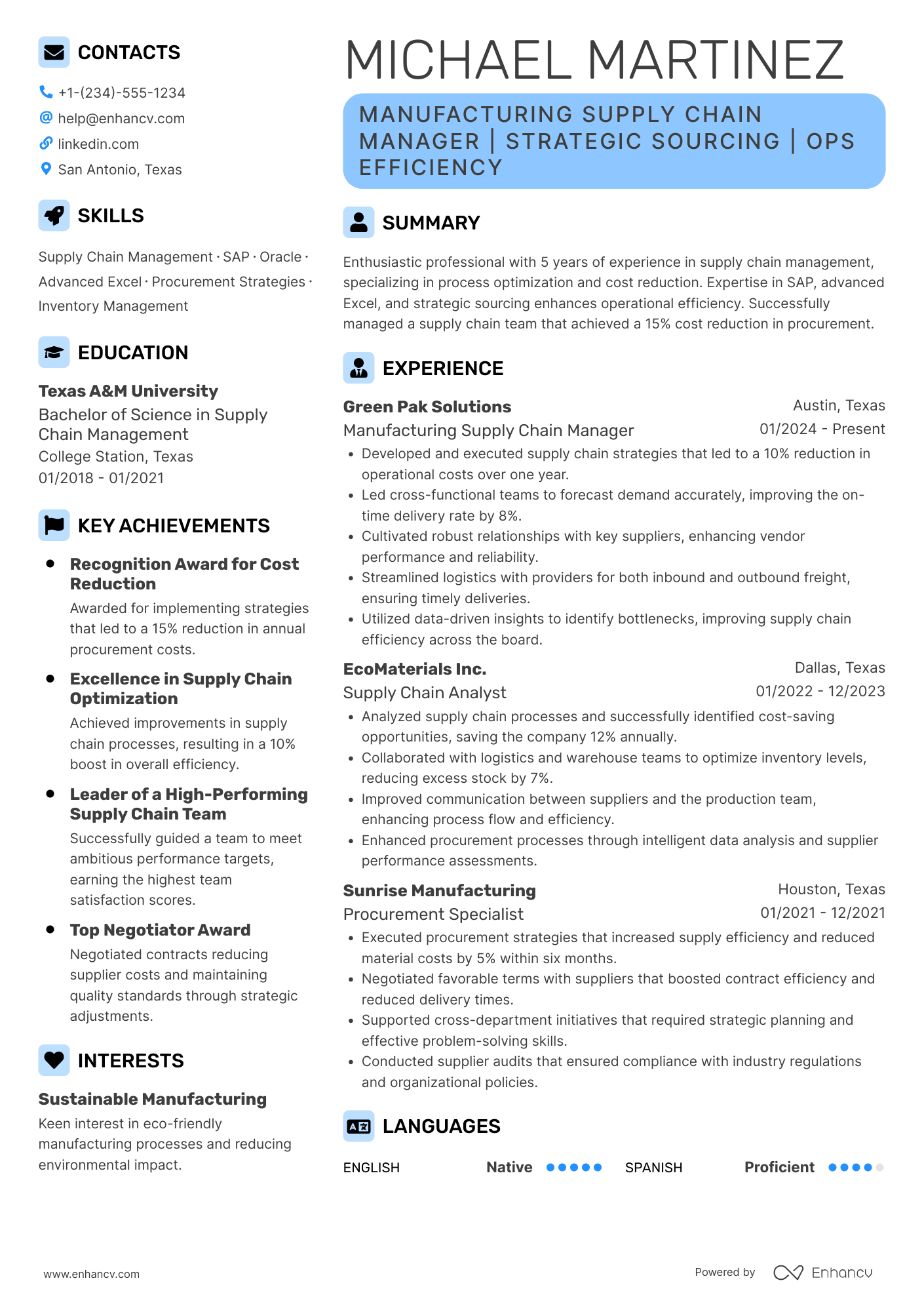 Manufacturing Supply Chain Manager Resume Example