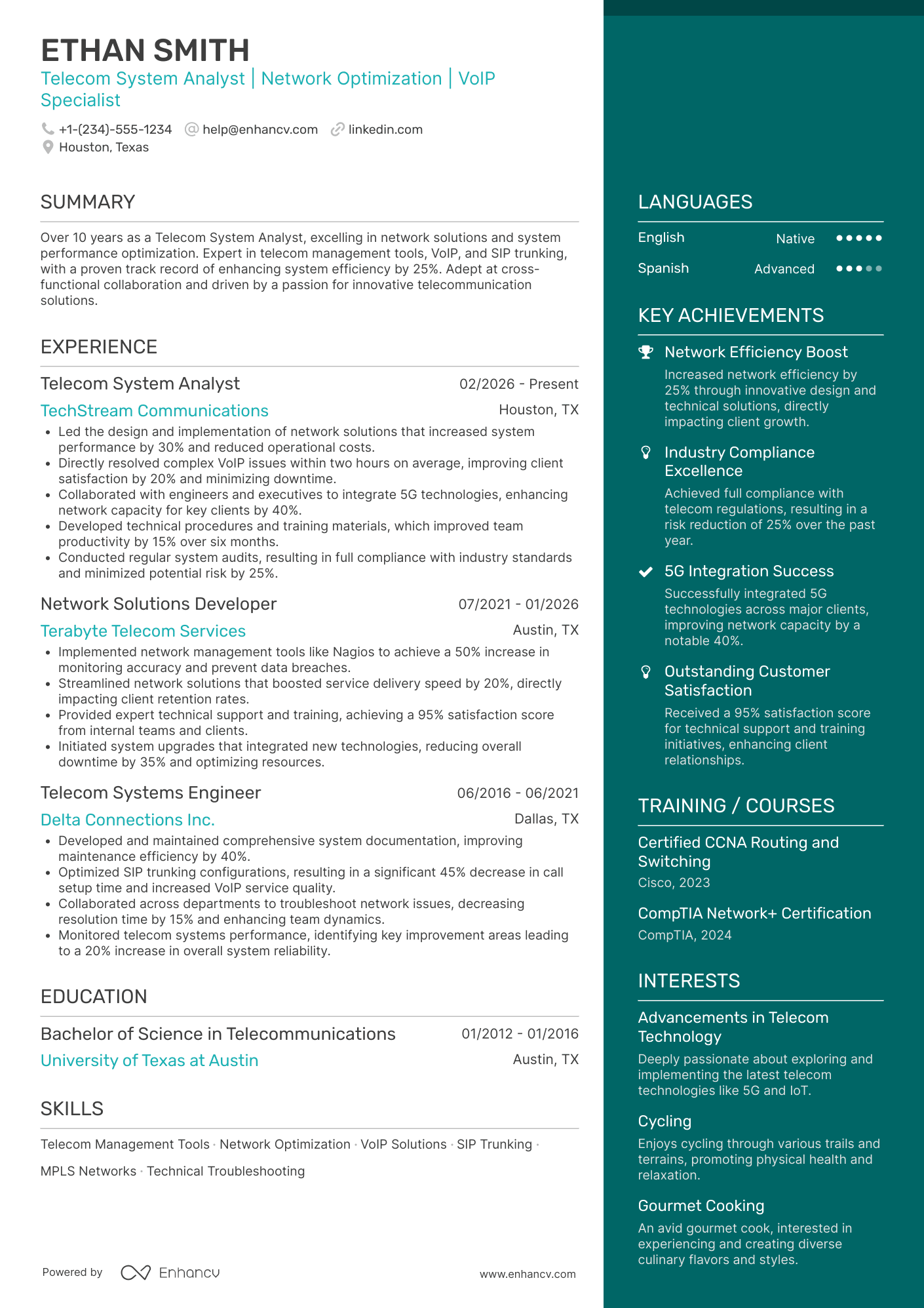 Telecom System Analyst Resume Example