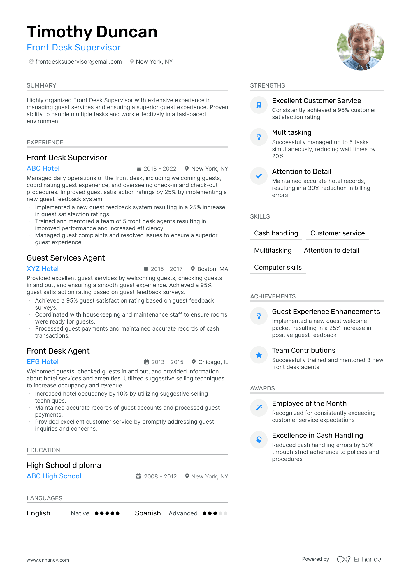 Front Desk Supervisor Resume Example