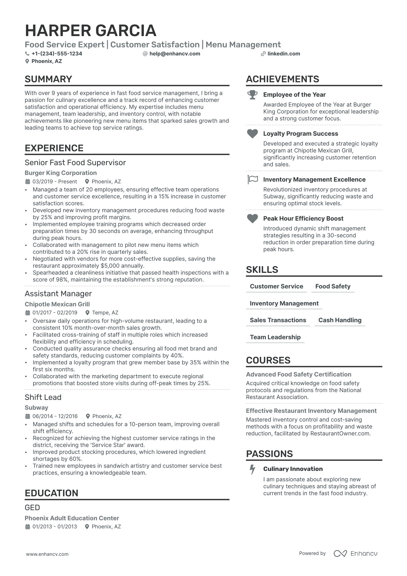 Fast Food Resume Example
