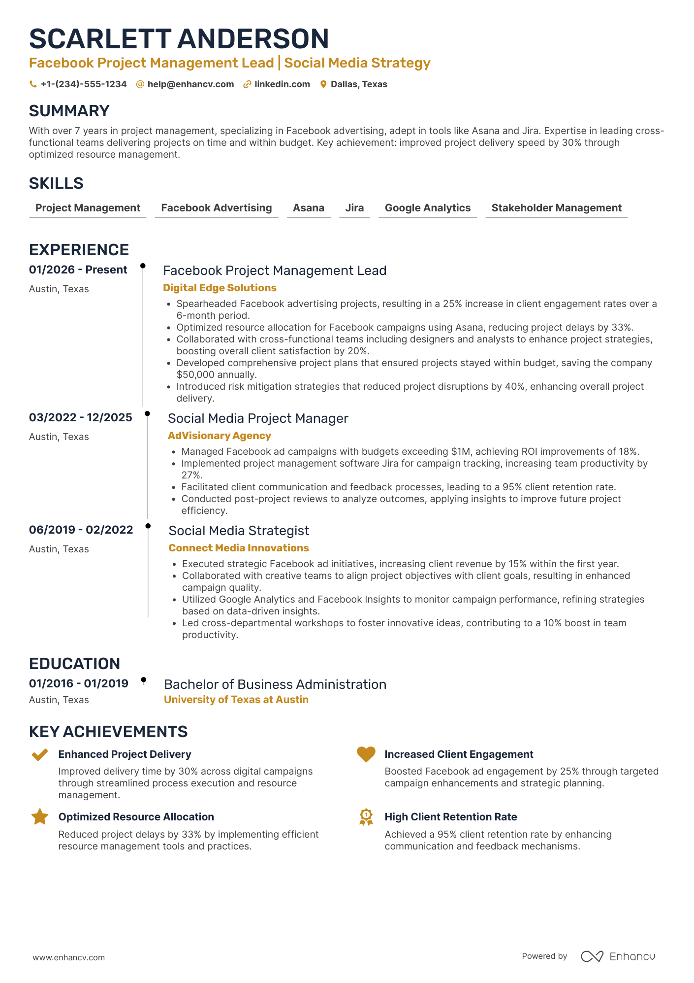 Facebook Project Management Lead Resume Example