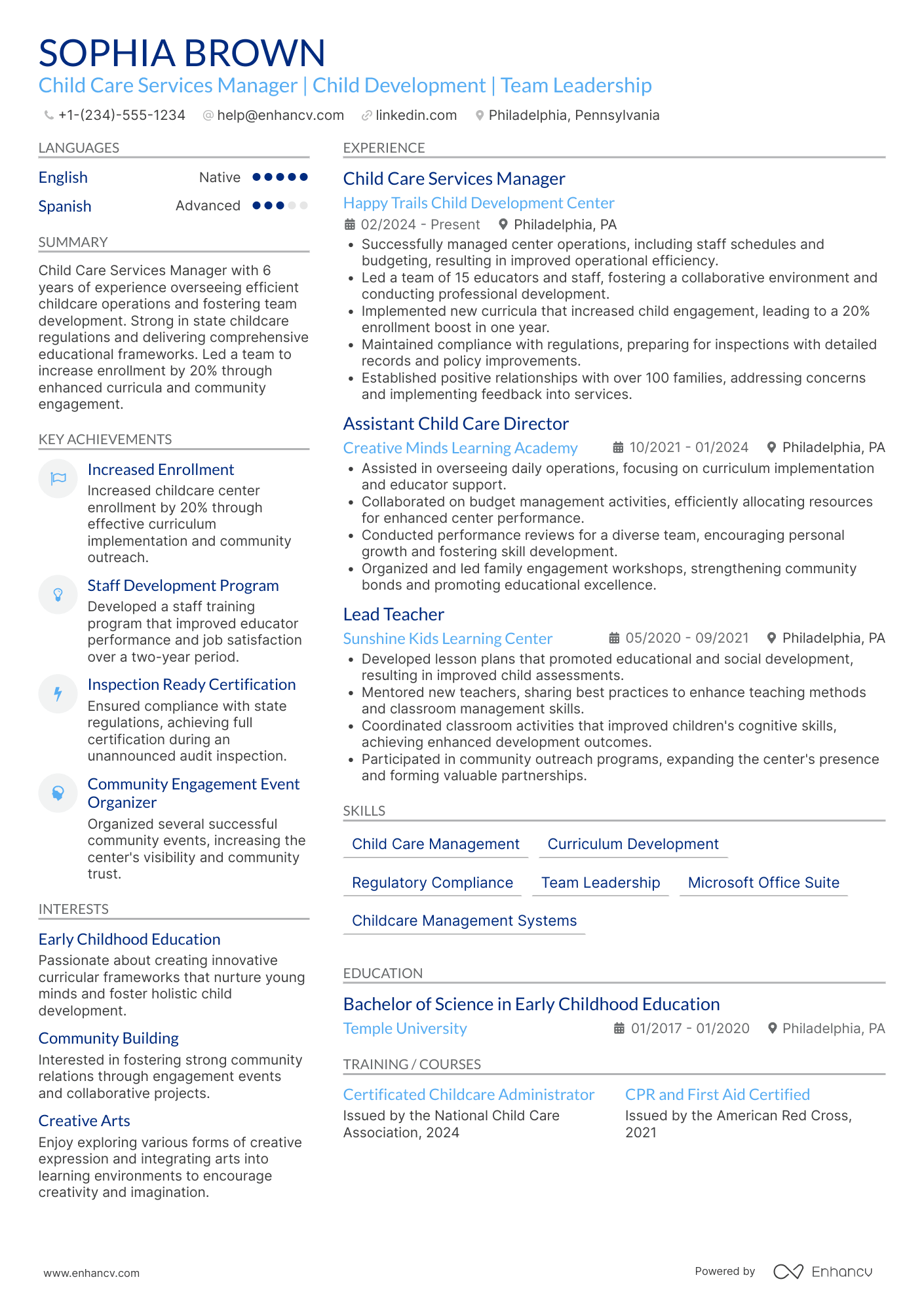 Child Care Services Manager Resume Example