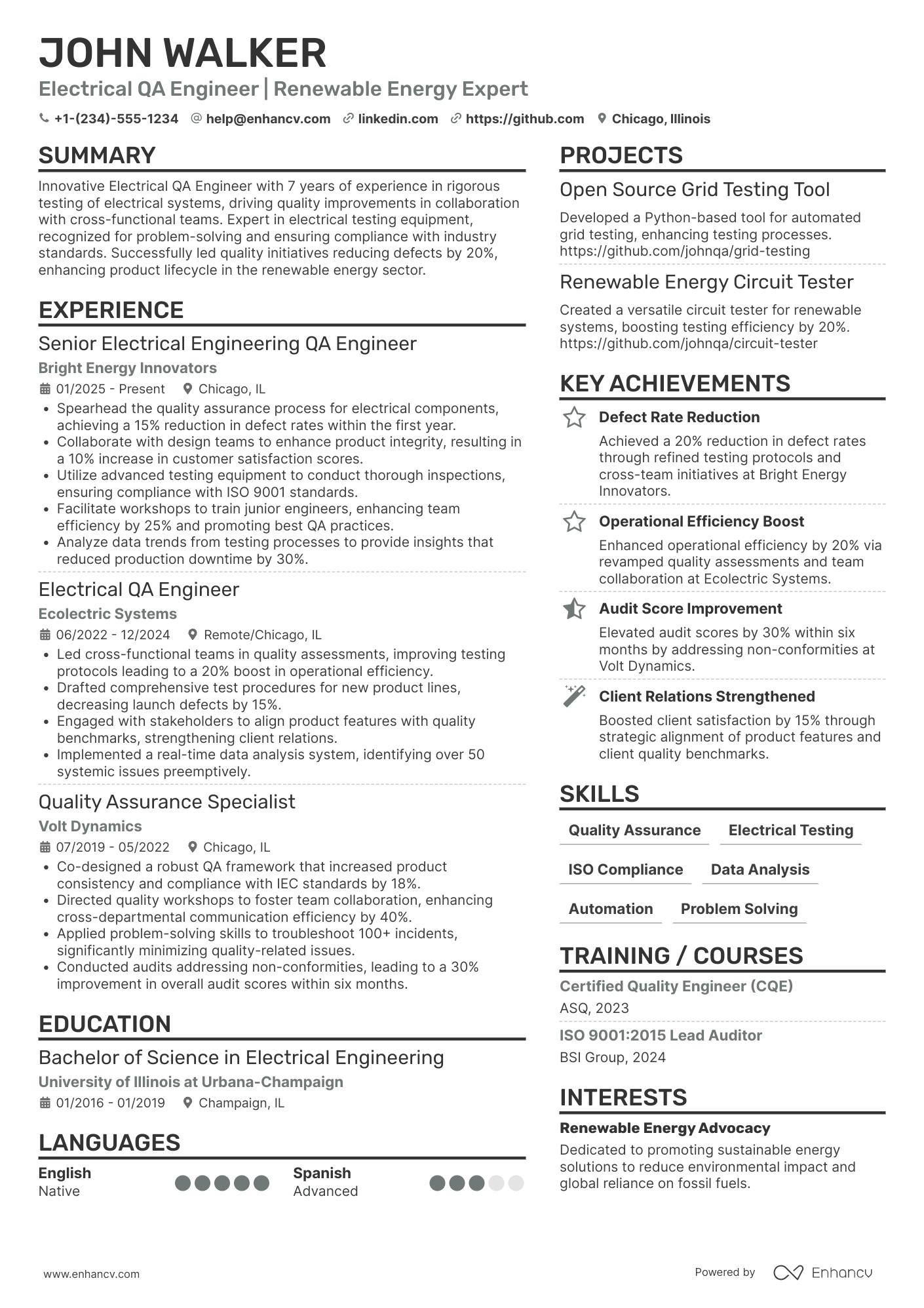 Electrical Engineering Quality Assurance Engineer Resume Example