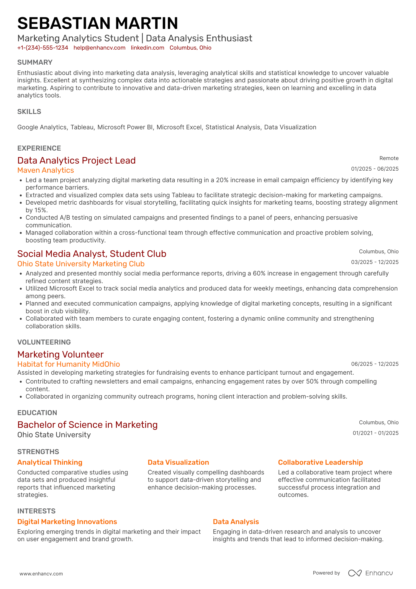 Marketing Analytics Intern Resume Example
