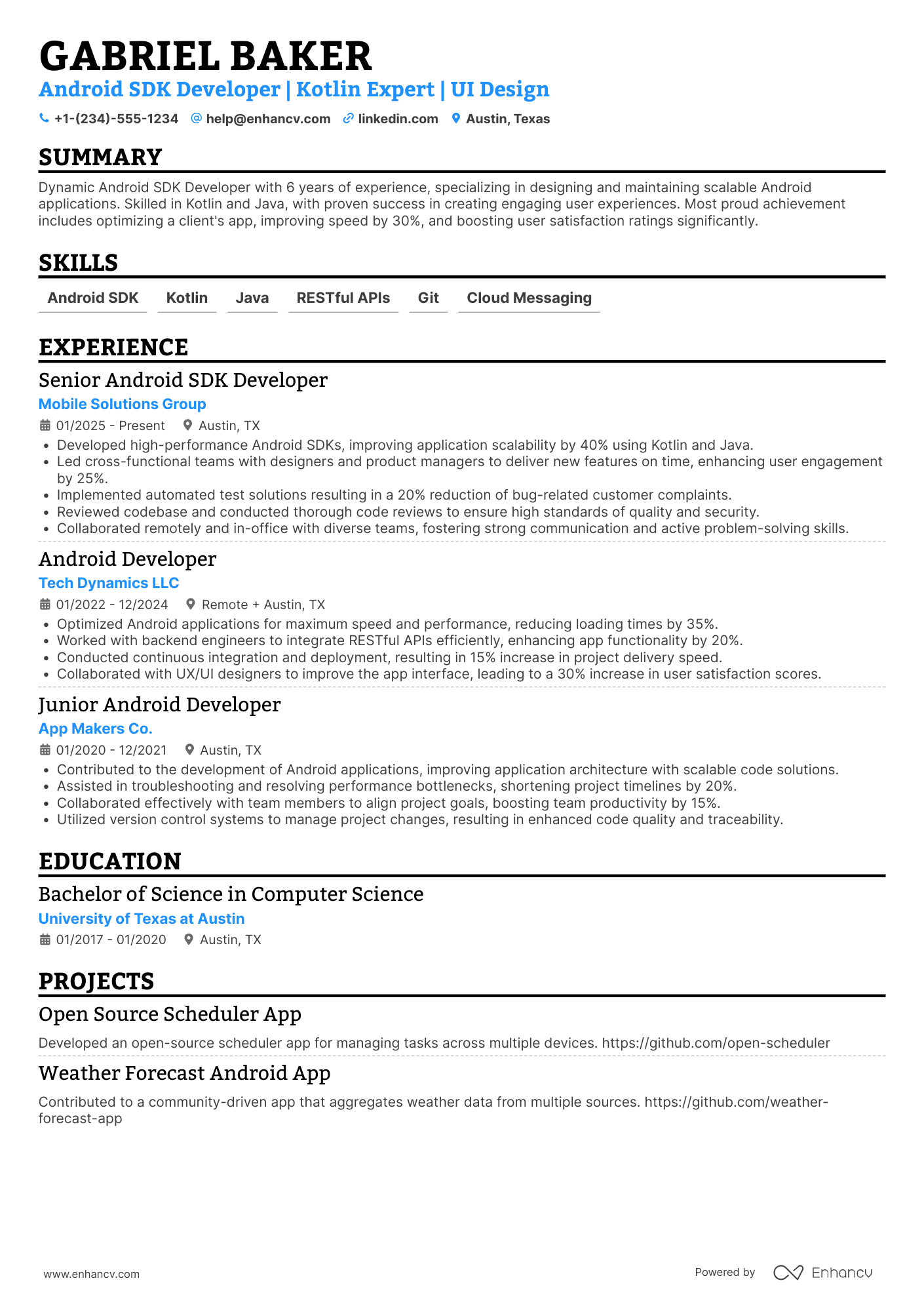 Android SDK Developer Resume Example