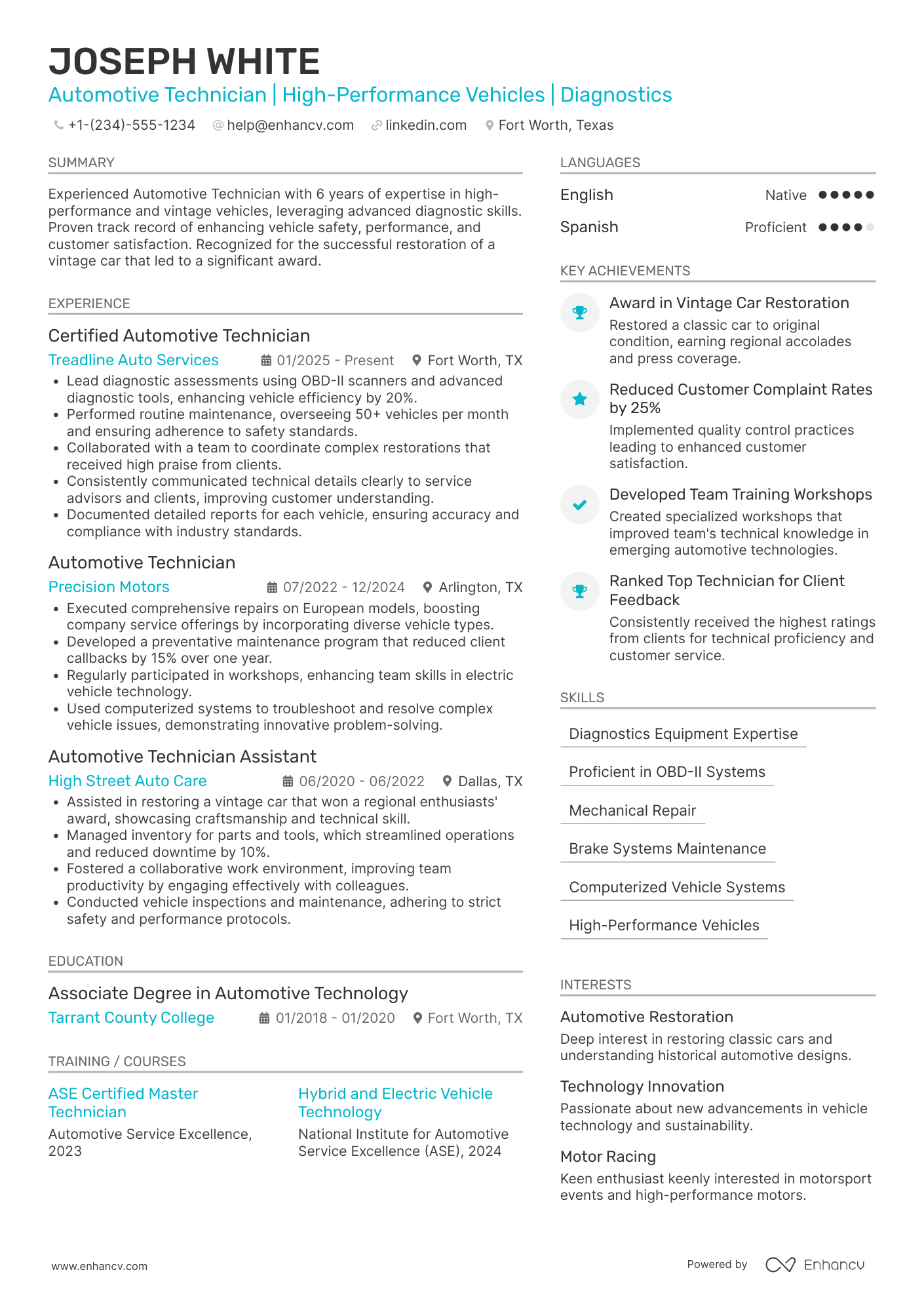 Certified Automotive Technician Resume Example