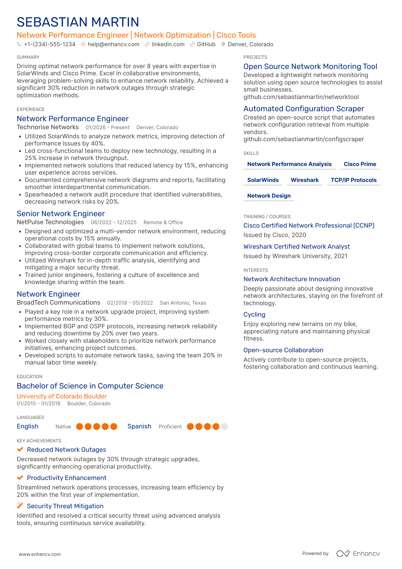 Network Performance Engineer Resume Example