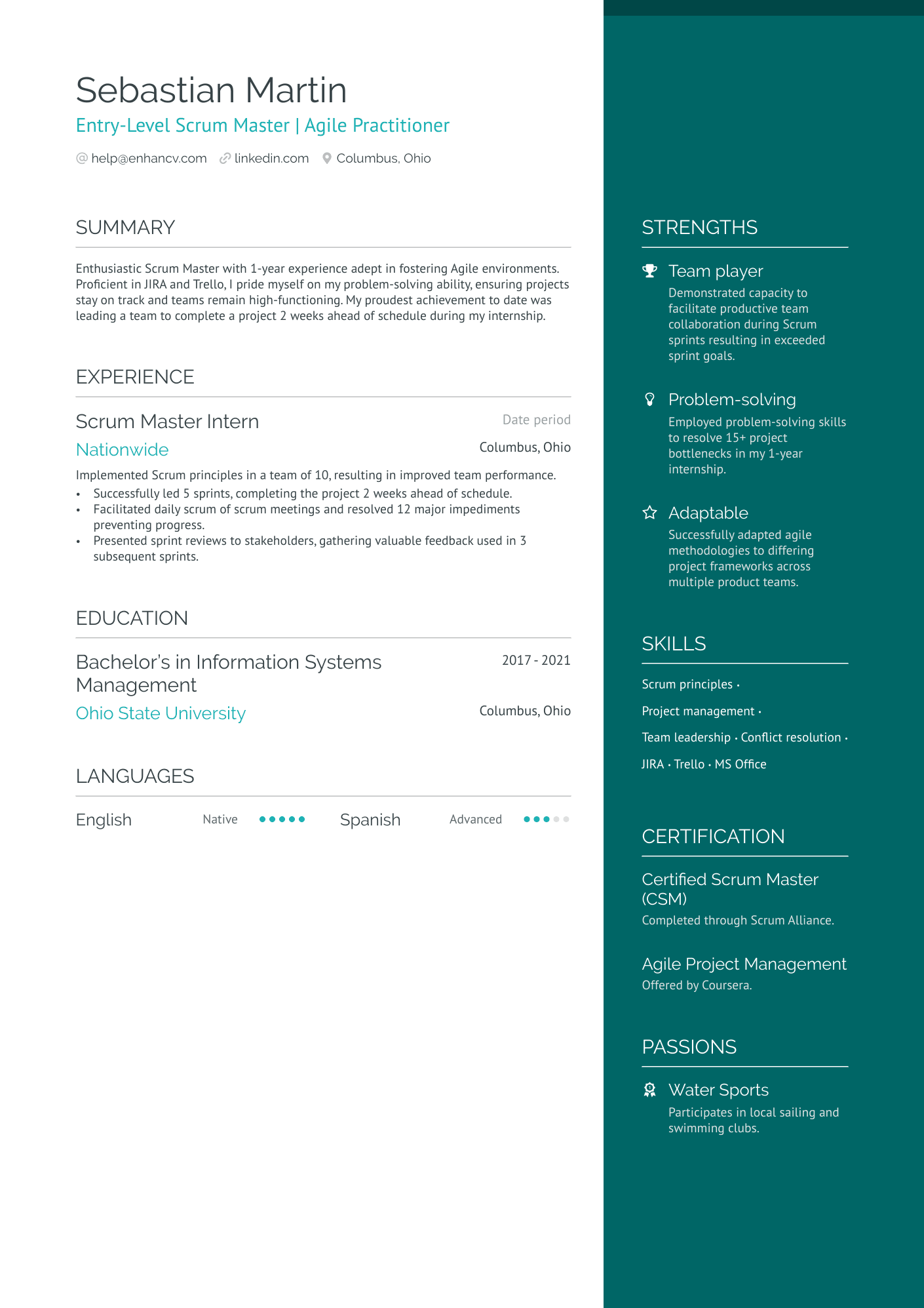 Entry Level Scrum Master Resume Example