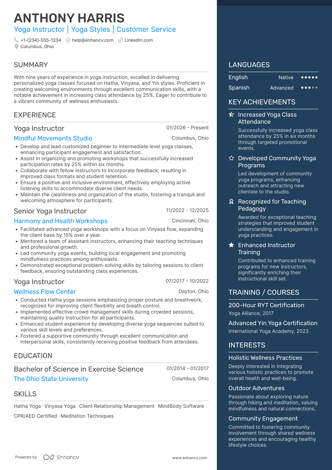 Assistant Yoga Instructor Resume Example