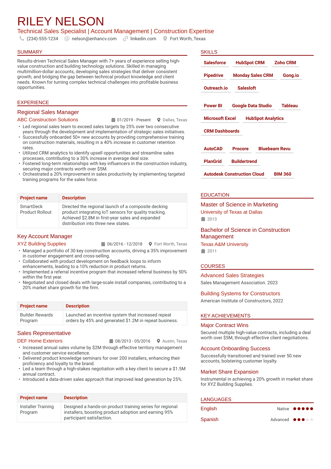 Technical Sales Manager Resume Example