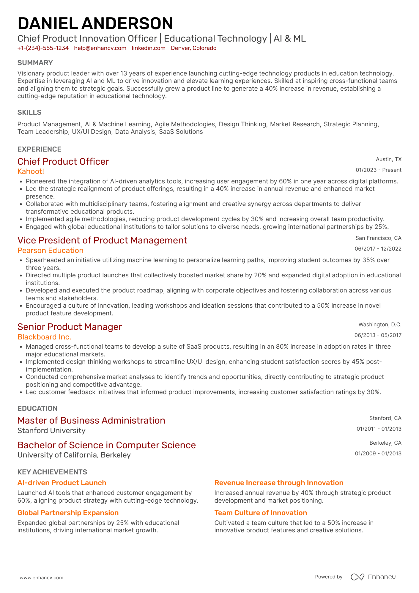 Chief Product Innovation Officer Resume Example
