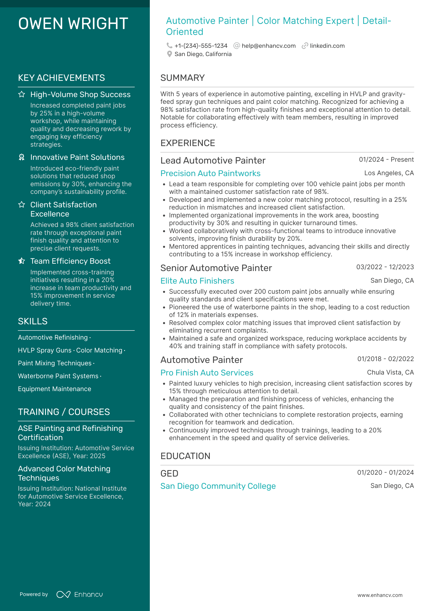 Experienced Automotive Painter Resume Example