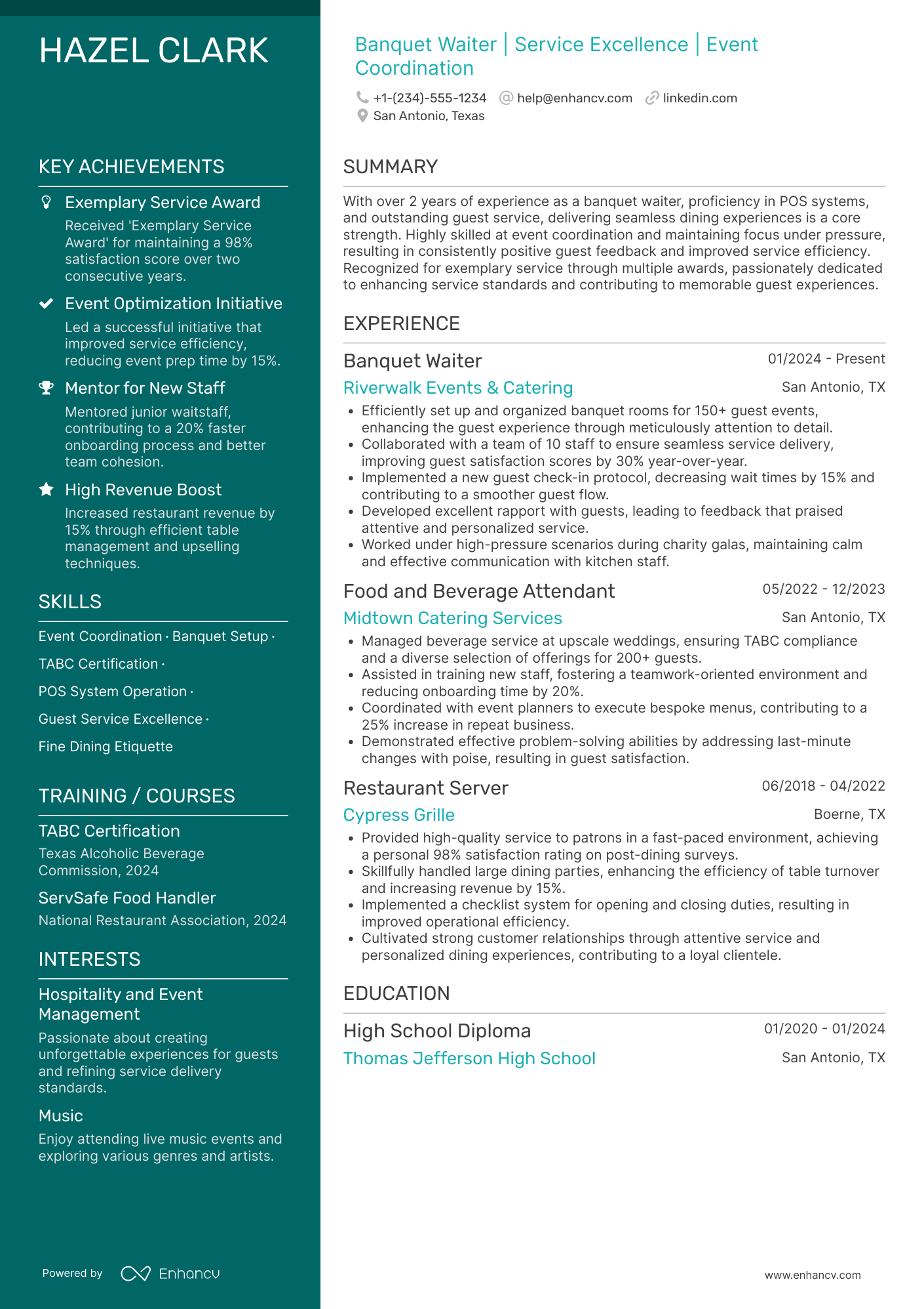 Banquet Waiter Resume Example