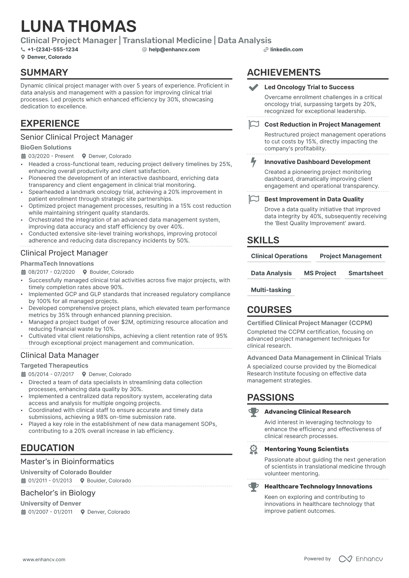 Clinical Project Manager Resume Example