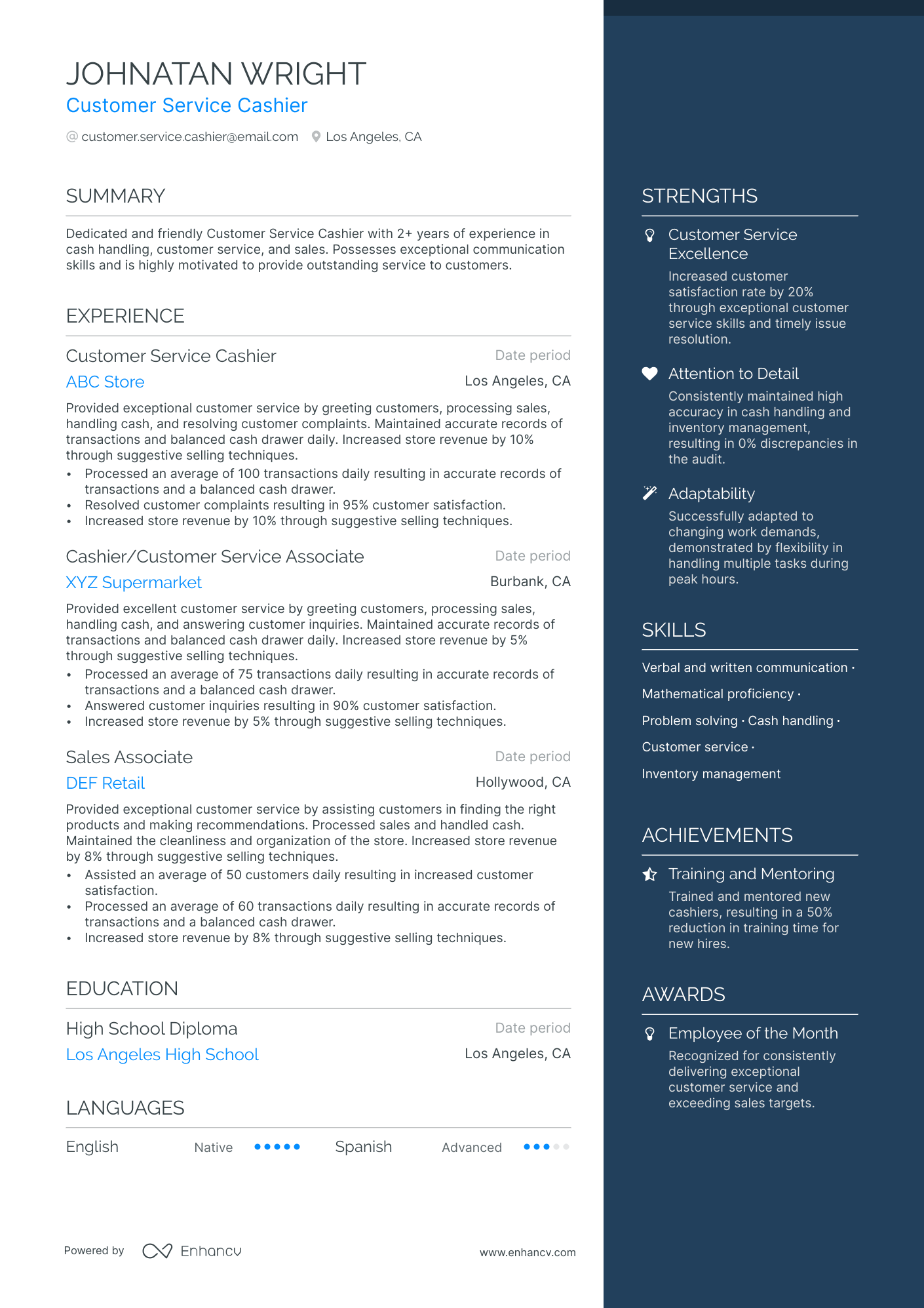 Customer Service Cashier Resume Example