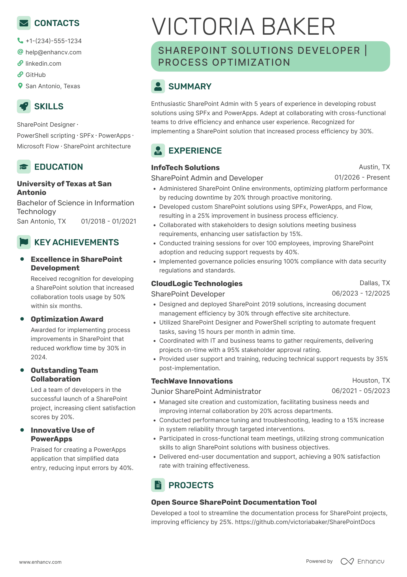 Sharepoint Admin and Developer Resume Example