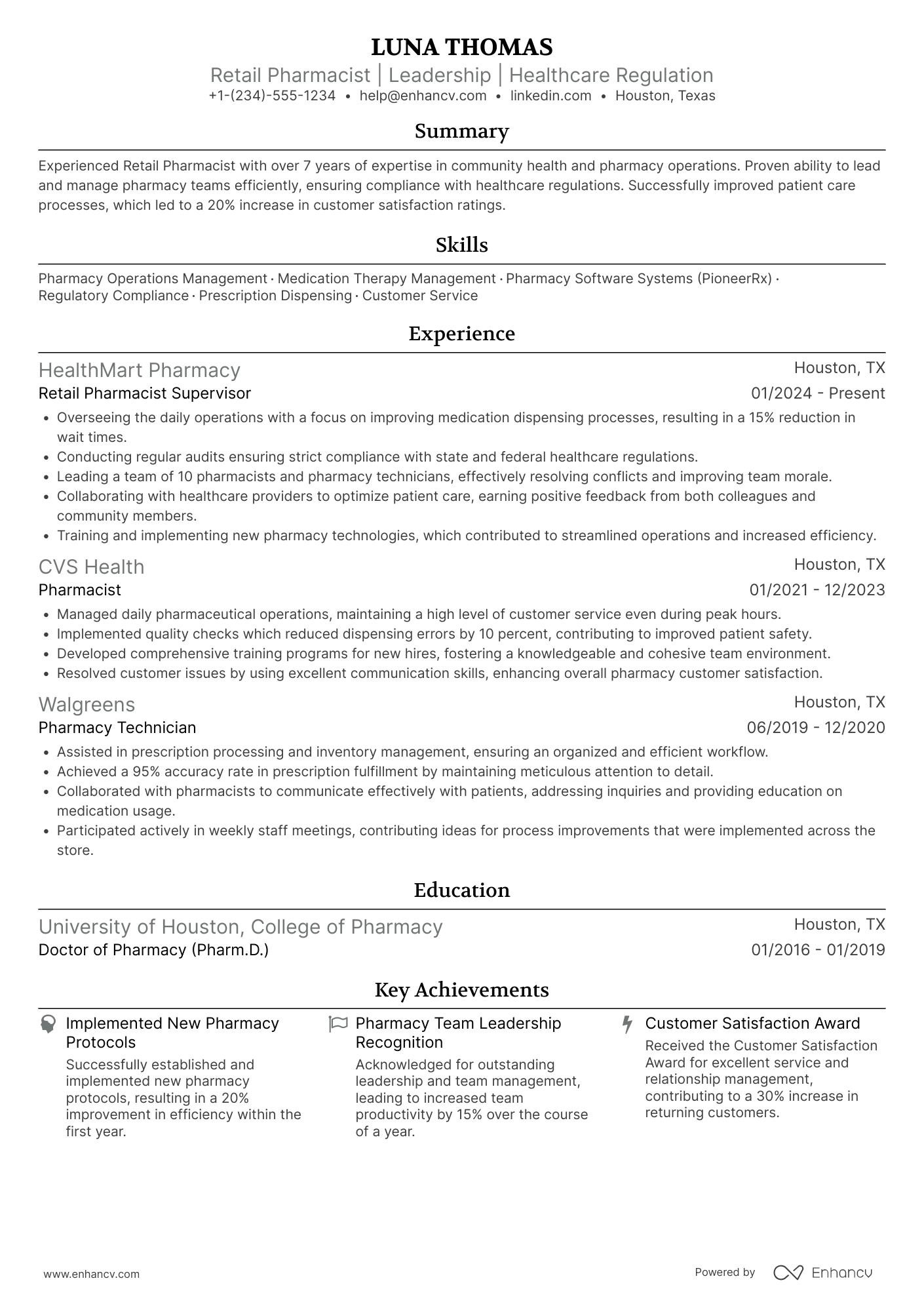 Retail Pharmacist Supervisor Resume Example