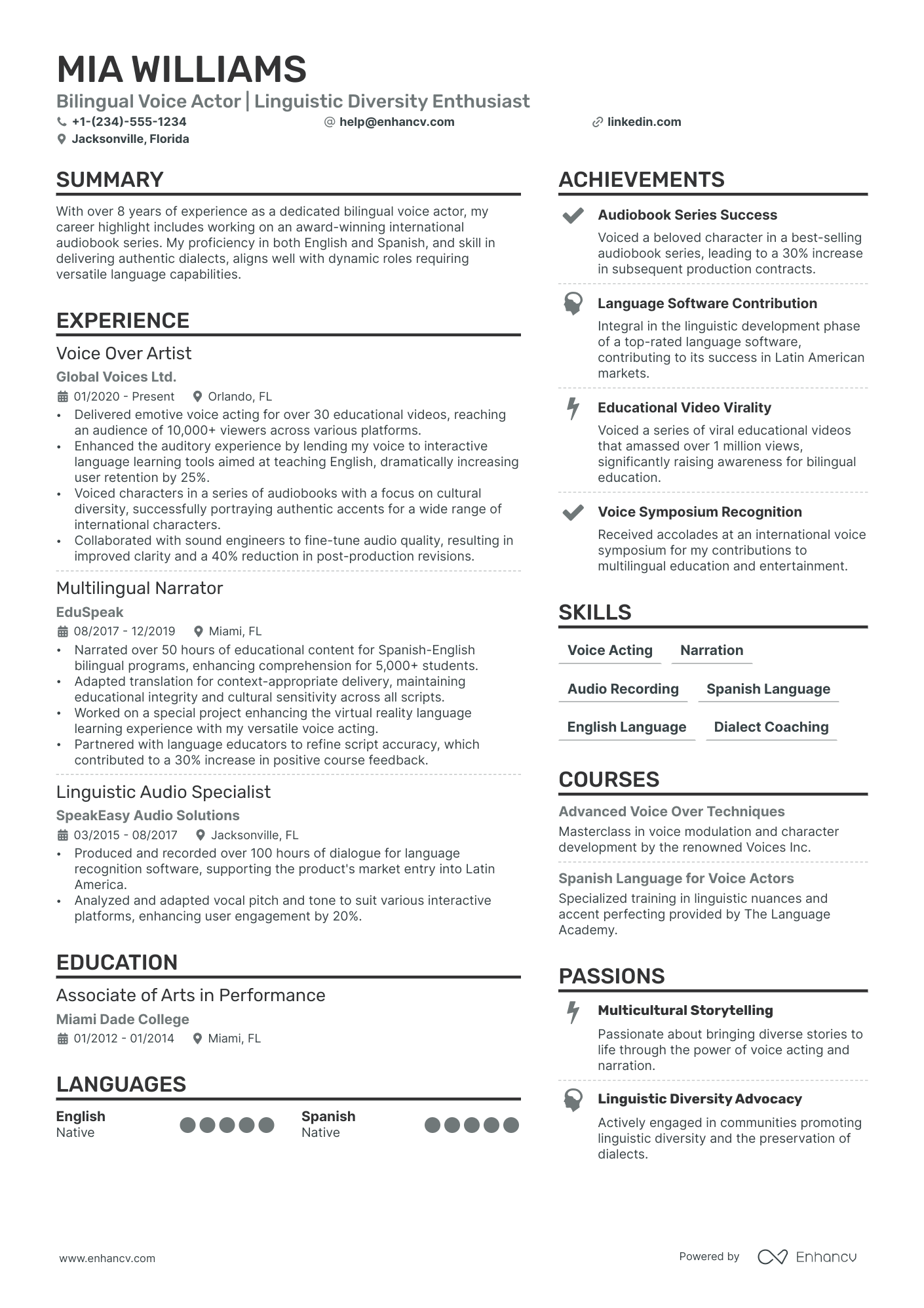 Voice Actor Resume Example