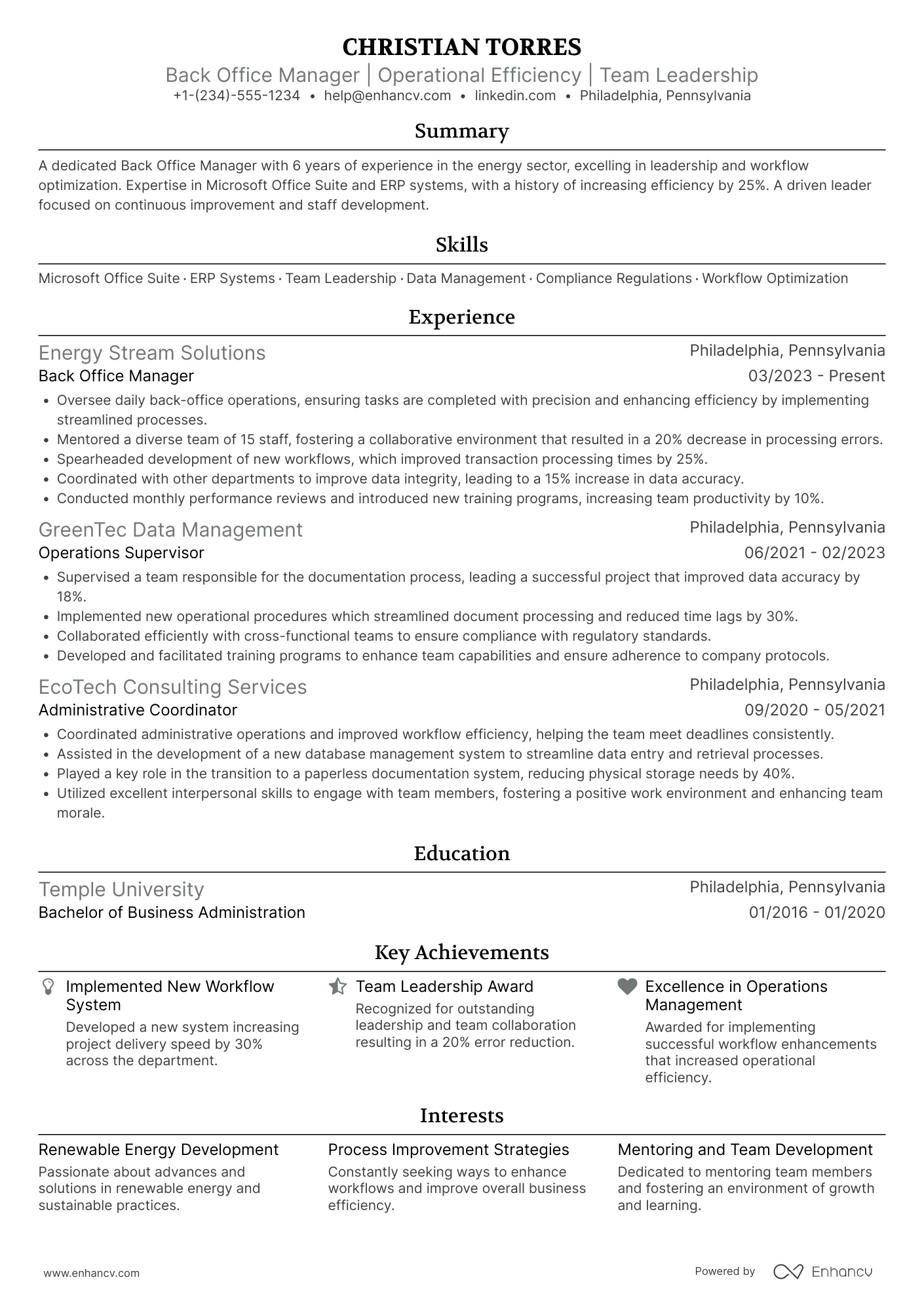 Back Office Manager Resume Example