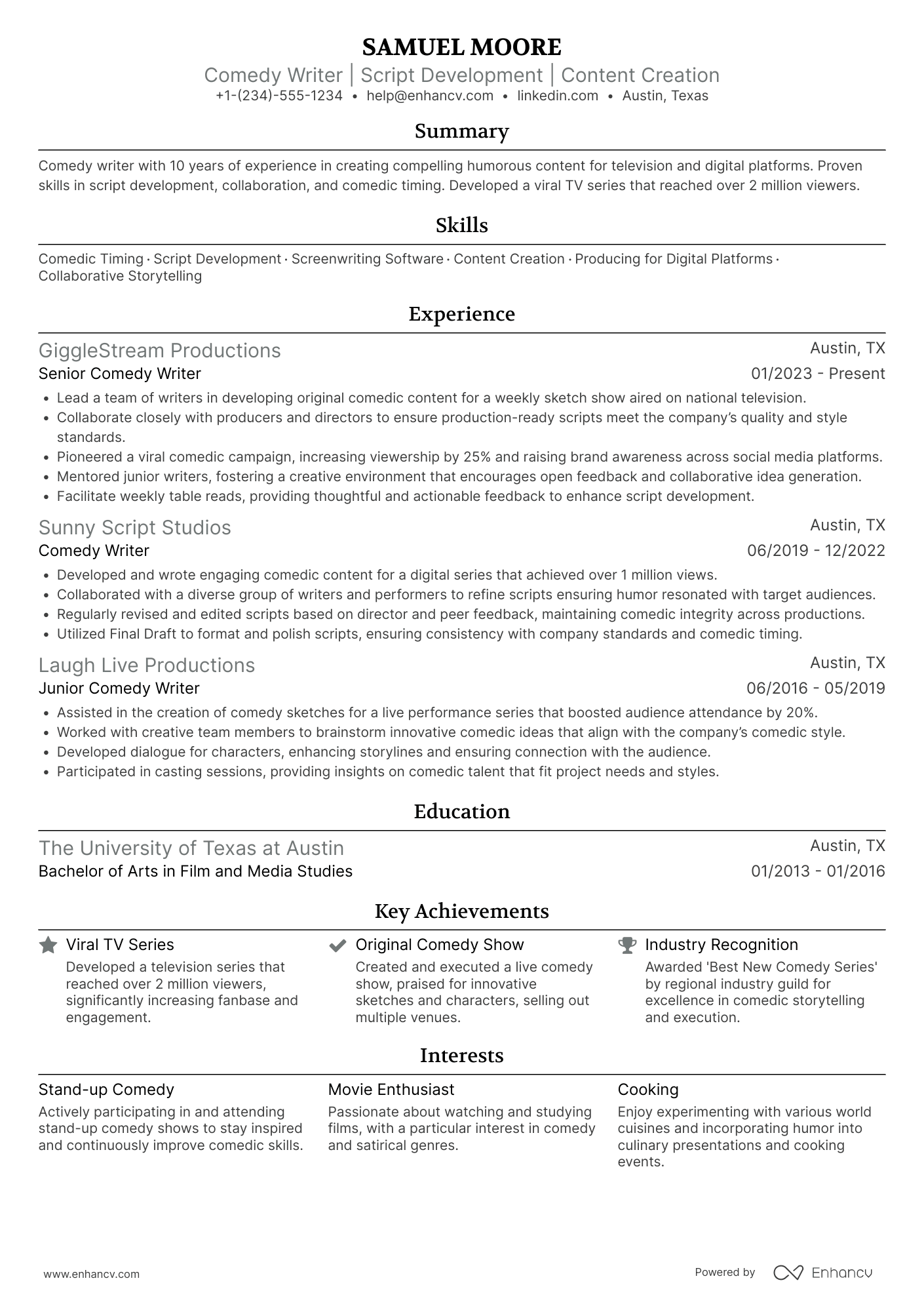 Comedy Writer Resume Example
