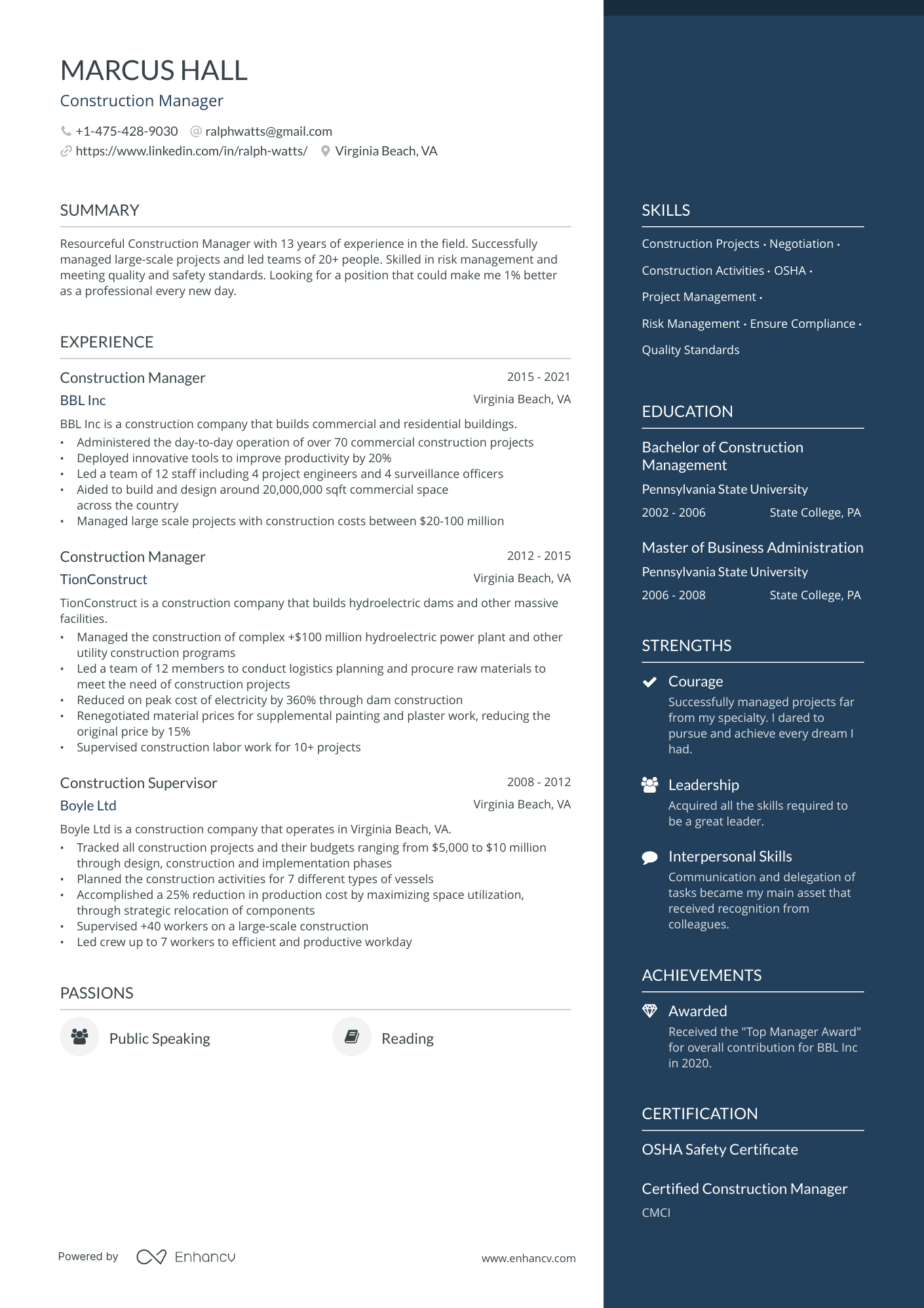 Construction General Manager Resume Example